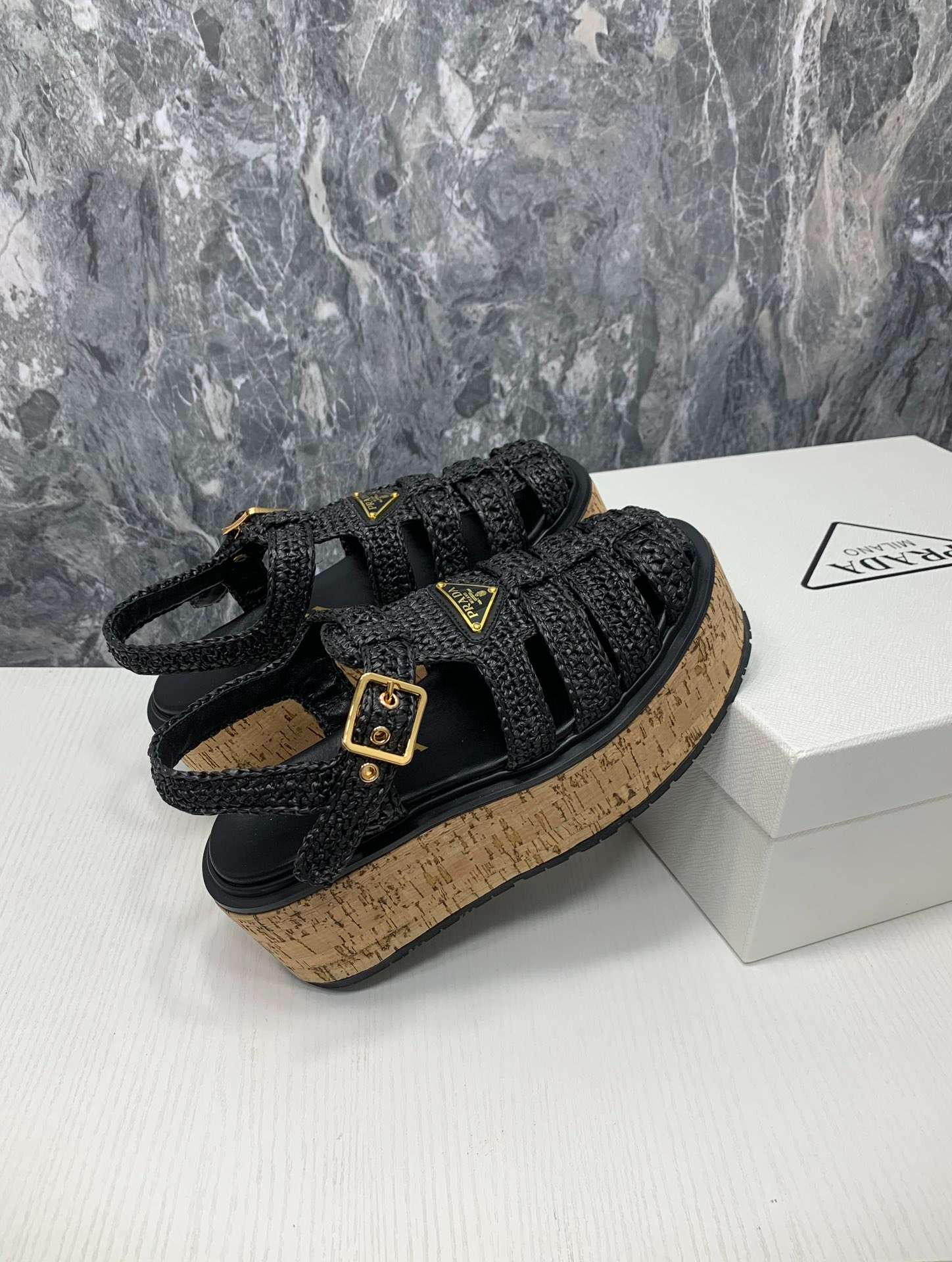 Pra*a Crochet Wedge Sandals Black For Women