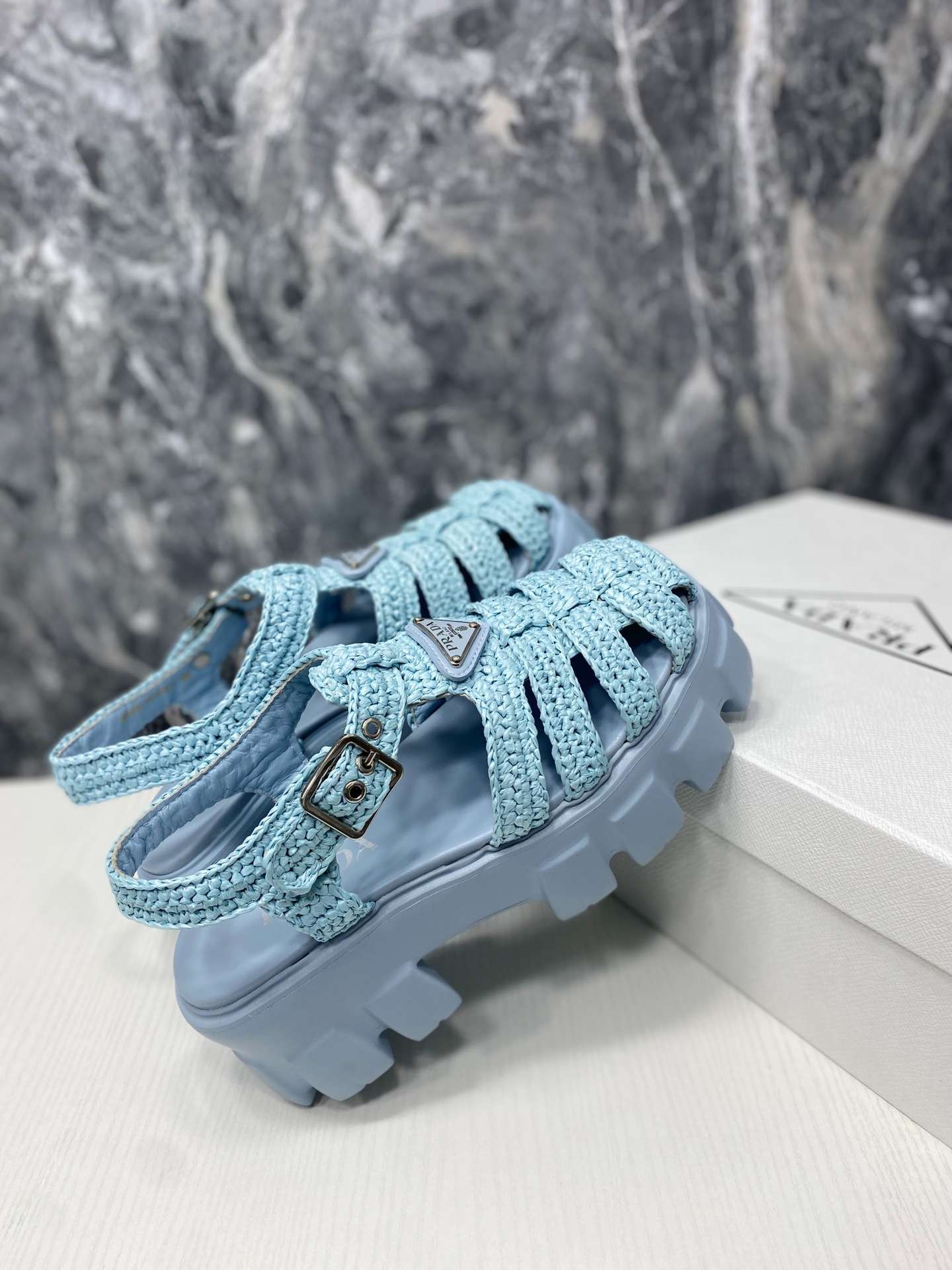 Pra*a Monolith Crochet Cage Sandals Blue For Women