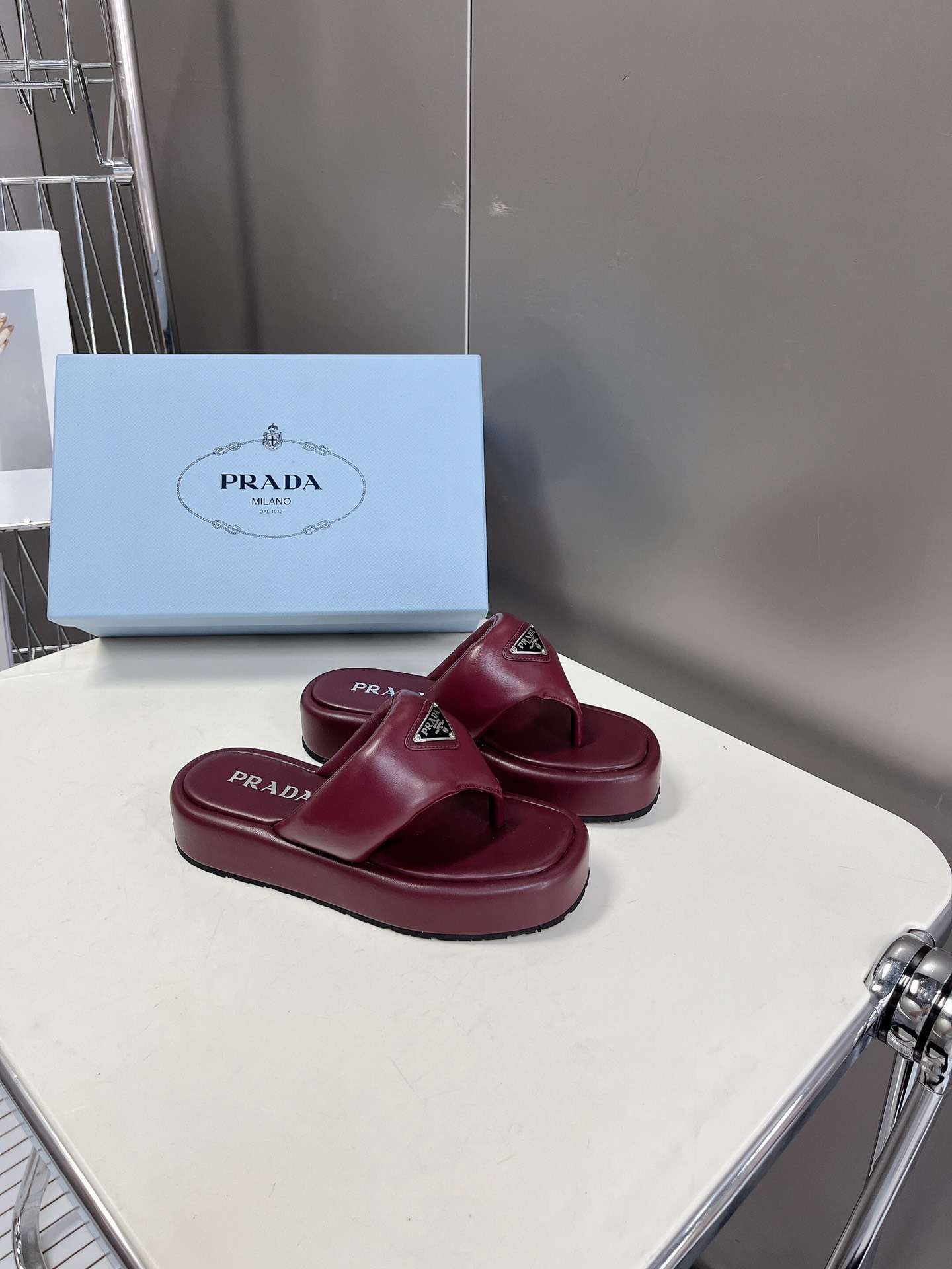 Pra*a Soft Padded Nappa Wedge Sandals Burgundy For Women