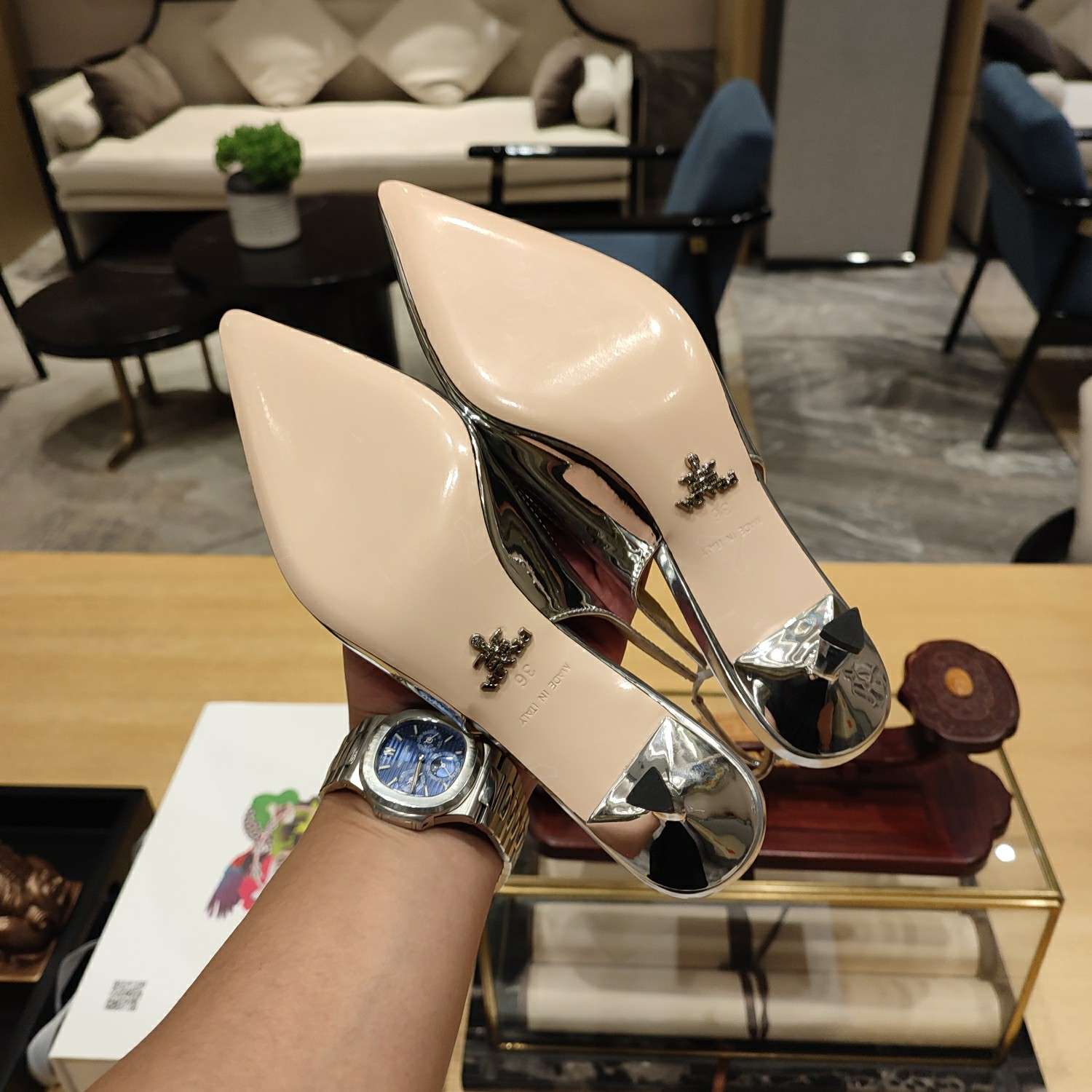 Pra*a Slingback Spike Pumps Silver For Women