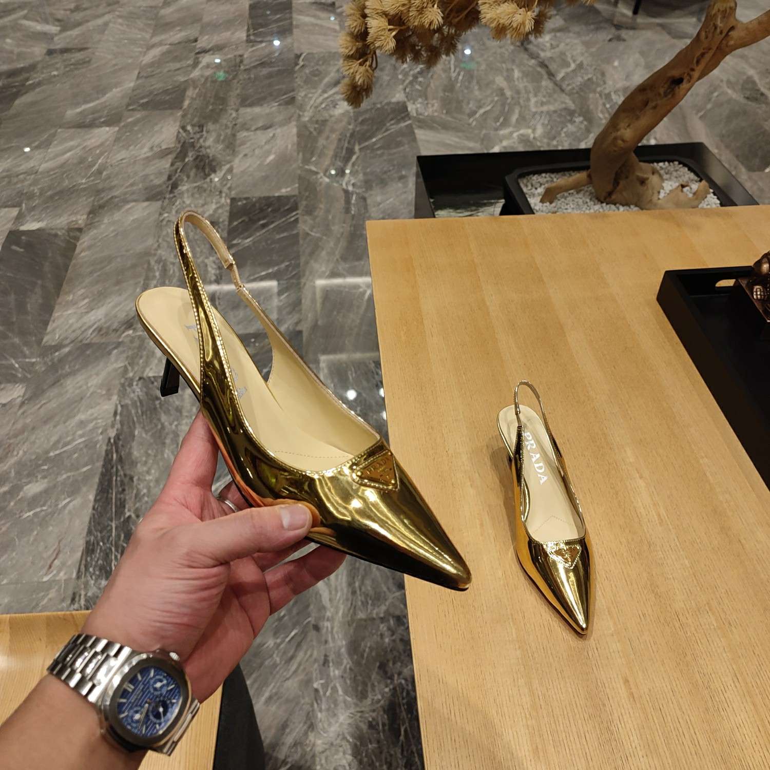 Pra*a Slingback Spike Pumps Gold For Women