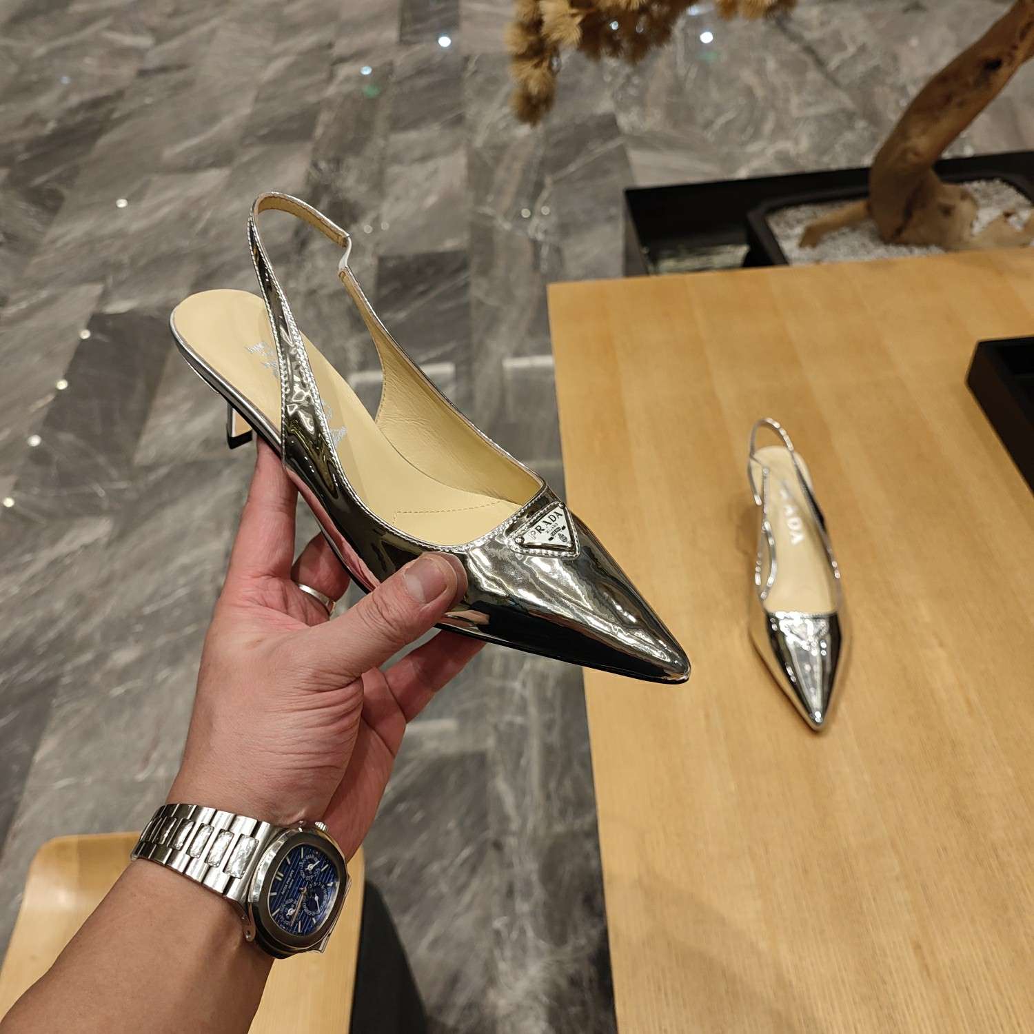 Pra*a Slingback Spike Pumps Silver For Women