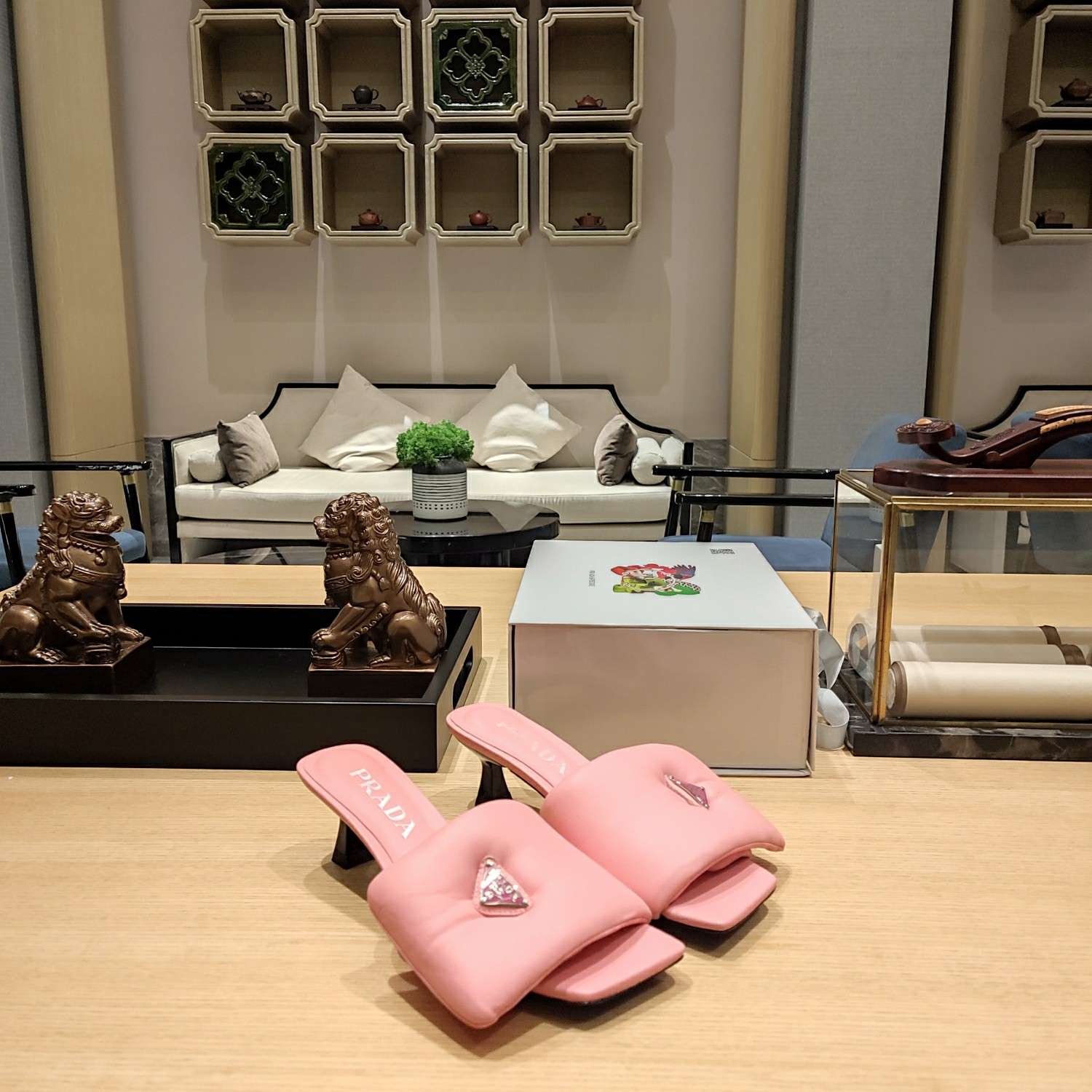 Pra*a Soft Padded Nappa Slides Light Pink For Women