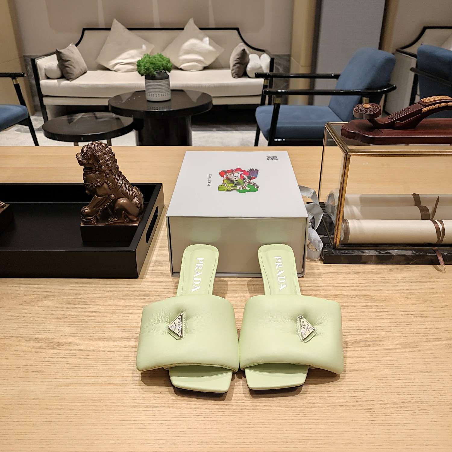 Pra*a Soft Padded Nappa Slides Beige For Women