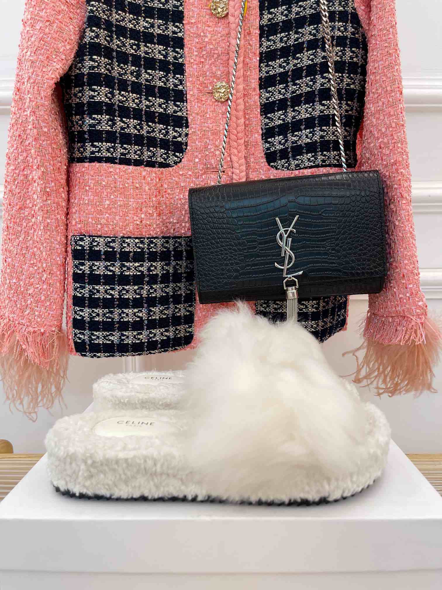 Ce1i*e Clea Triomphe Slide With Fur White For Women