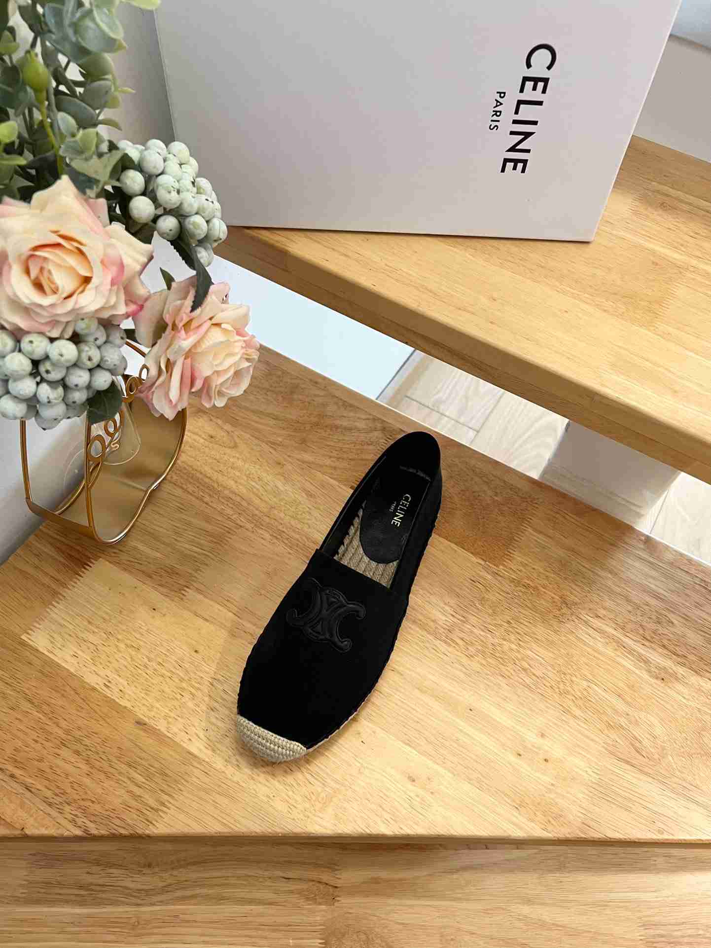 Ce1i*e Flat Espadrille With Triomphe Patch Signature In Tweed Black For Women