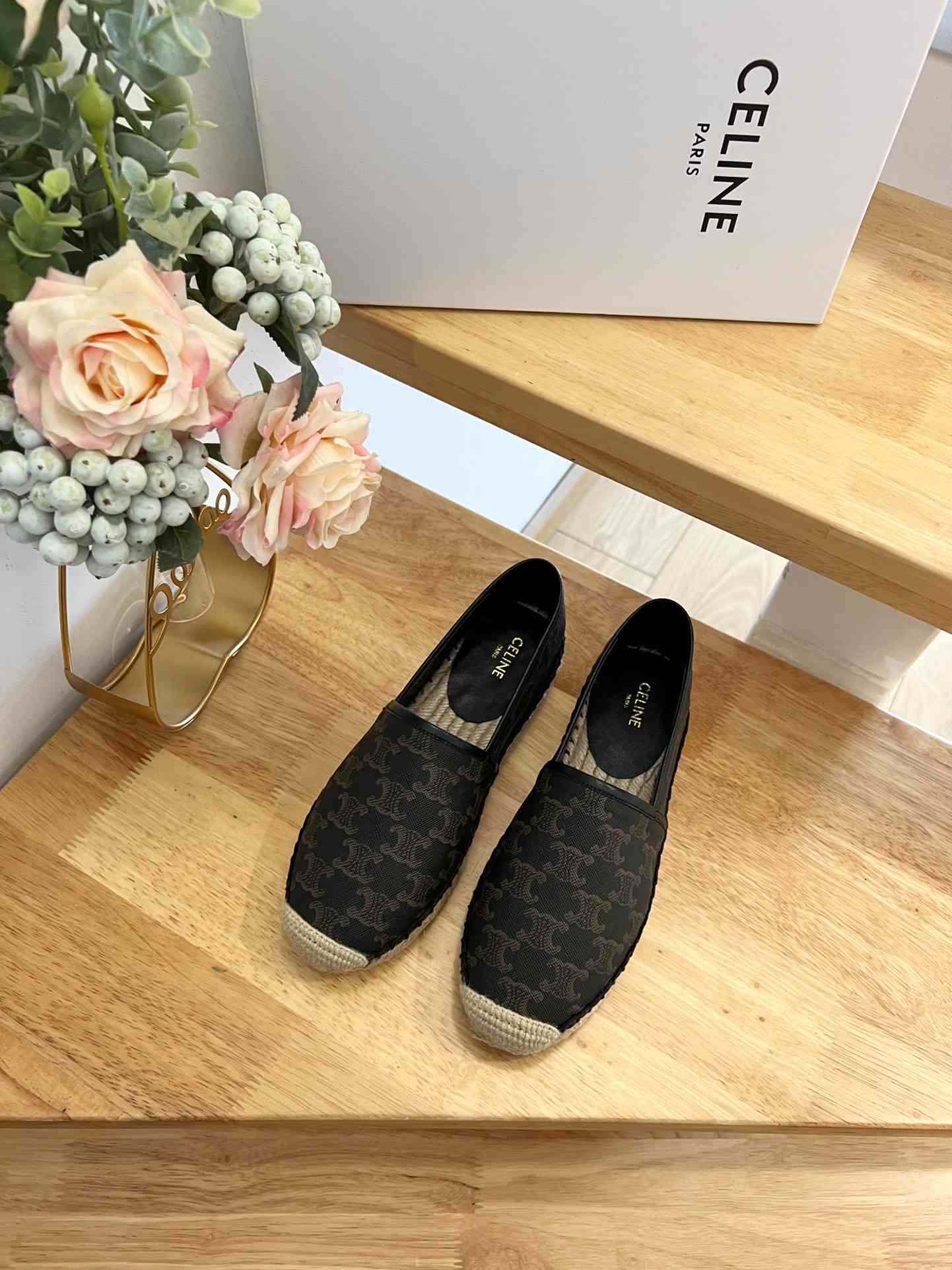 Ce1i*e Flat Espadrille With Triomphe Signature In Triomphe Canvas Black And Brown For Women