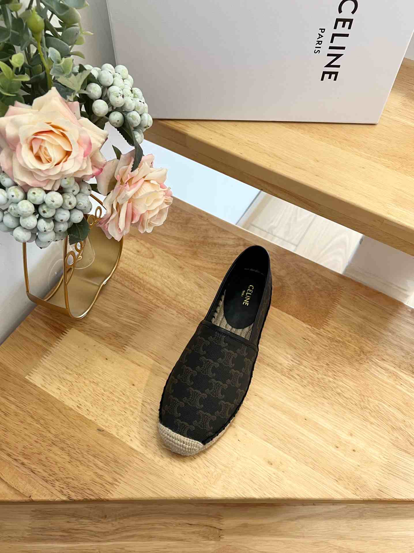 Ce1i*e Flat Espadrille With Triomphe Signature In Triomphe Canvas Black And Brown For Women