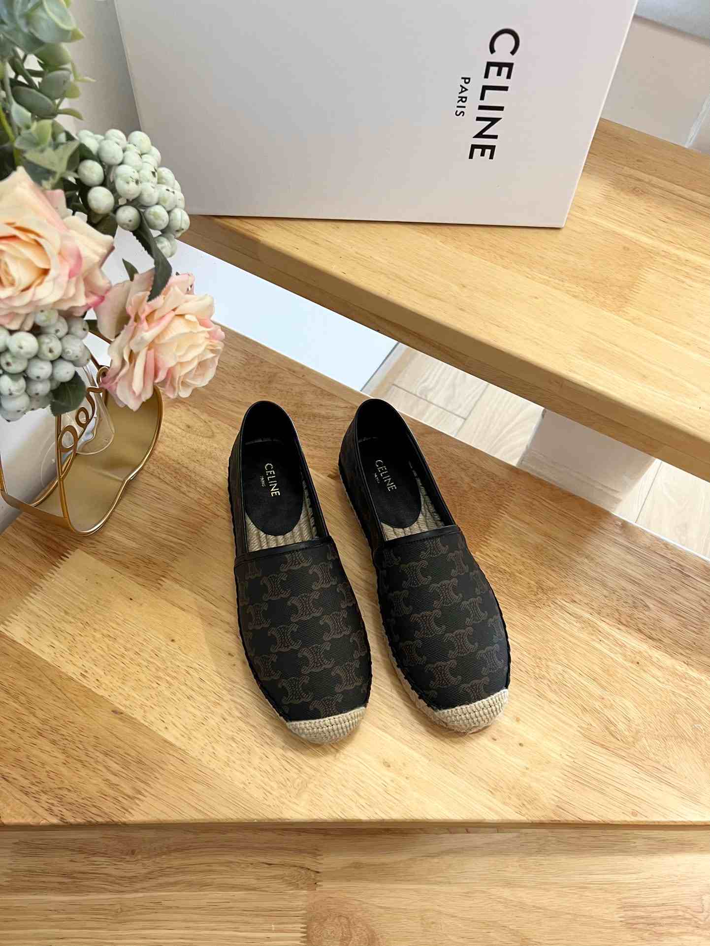 Ce1i*e Flat Espadrille With Triomphe Signature In Triomphe Canvas Black And Brown For Women