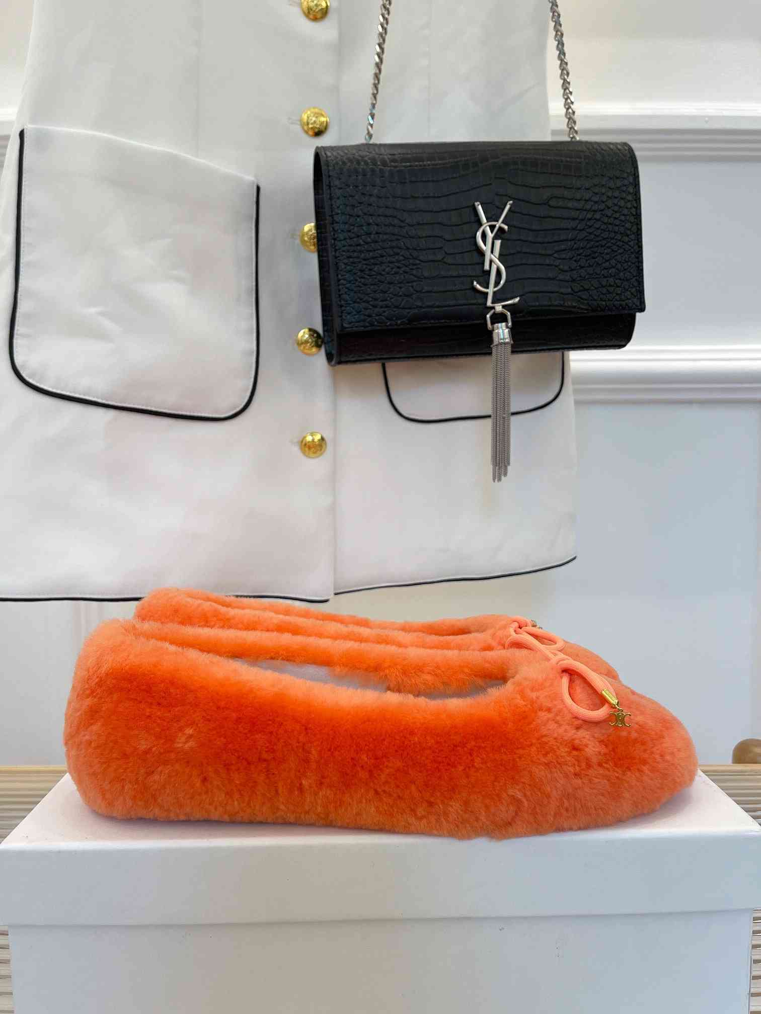 Ce1i*e Les Ballerines Ce1i*e Ballerina With Triomphe Laces And Fur Orange For Women