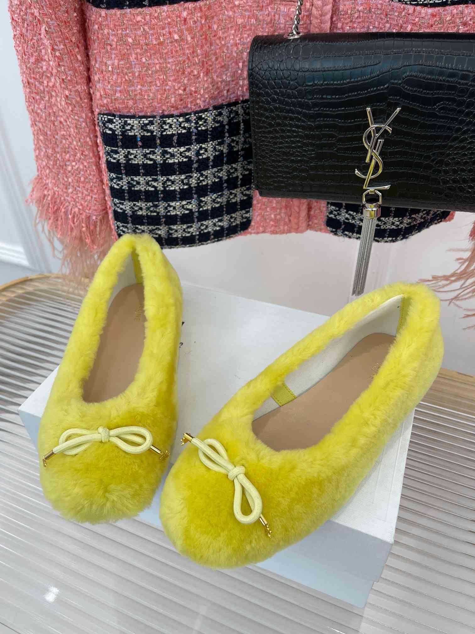 Ce1i*e Les Ballerines Ce1i*e Ballerina With Triomphe Laces And Fur Yellow For Women