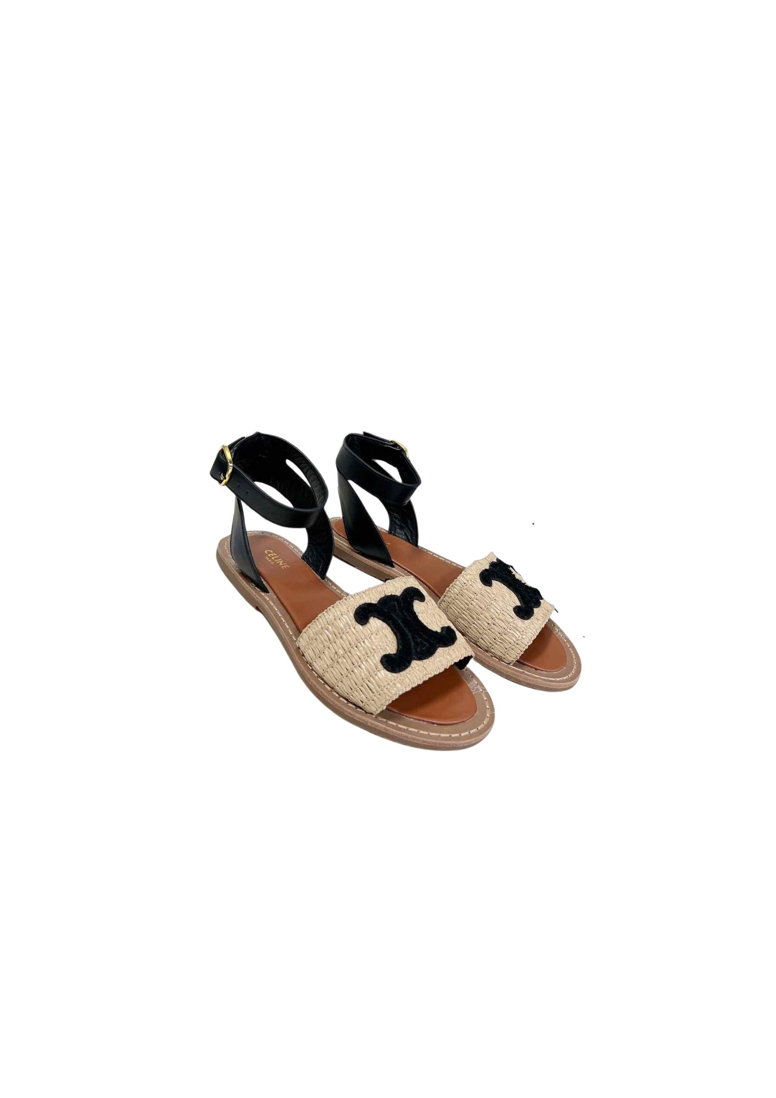 Ce1i*e Lympia Flat Strap Sandal In Raffia Black For Women 352402248C.02BL
