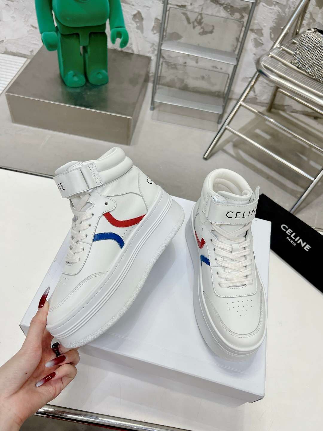 Ce1i*e Mid Block Sneakers With Velcro And Wedge White For Women 352163338C.01UR