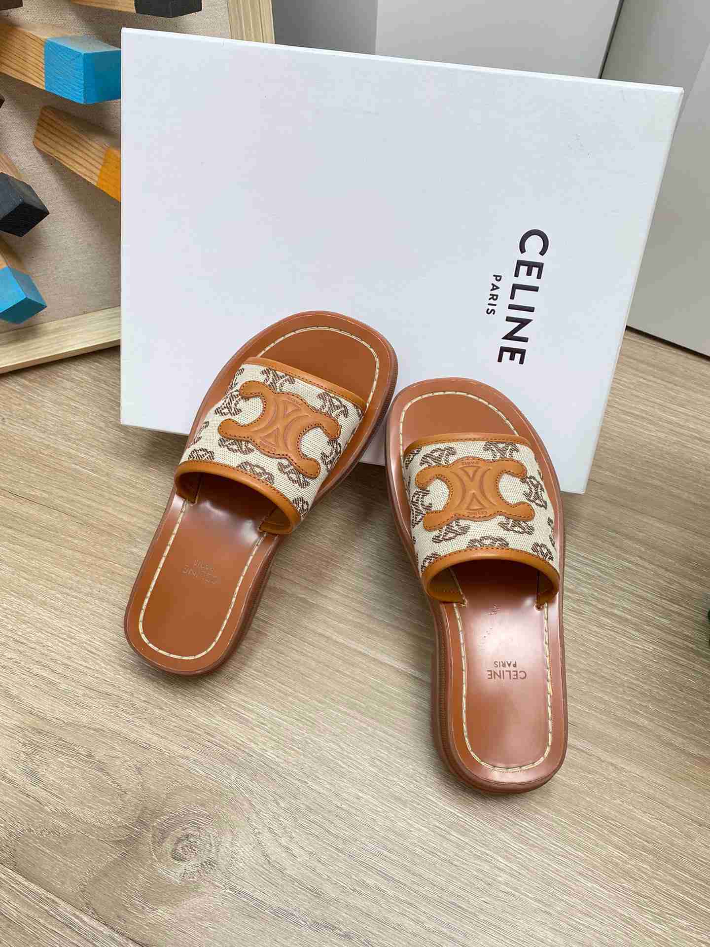 Ce1i*e Triomphe Slide In Triomphe Stamped Canvas Brown For Women