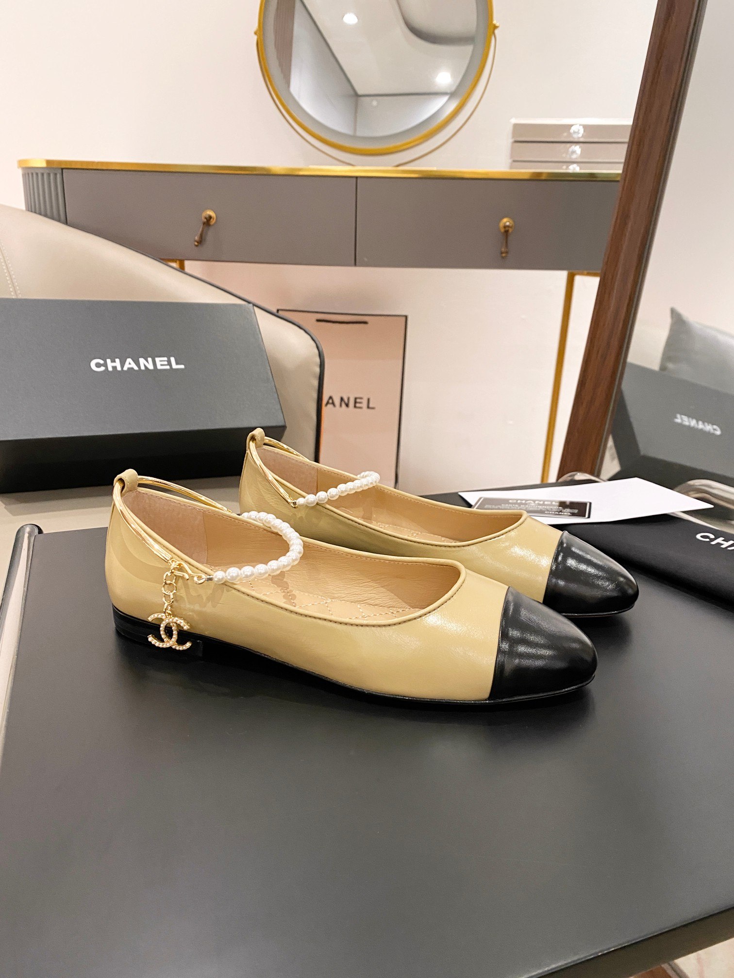 Ch**el Ballerina Logo Shoes Beige For Women