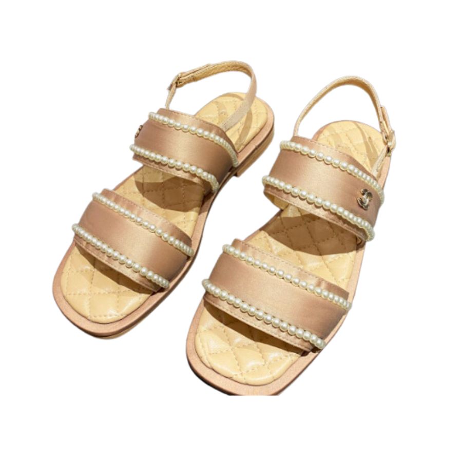 Ch**el Pearl Flat Sandals Brown For Women