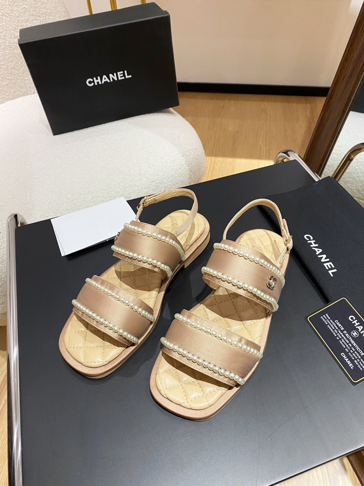 Ch**el Pearl Flat Sandals Brown For Women