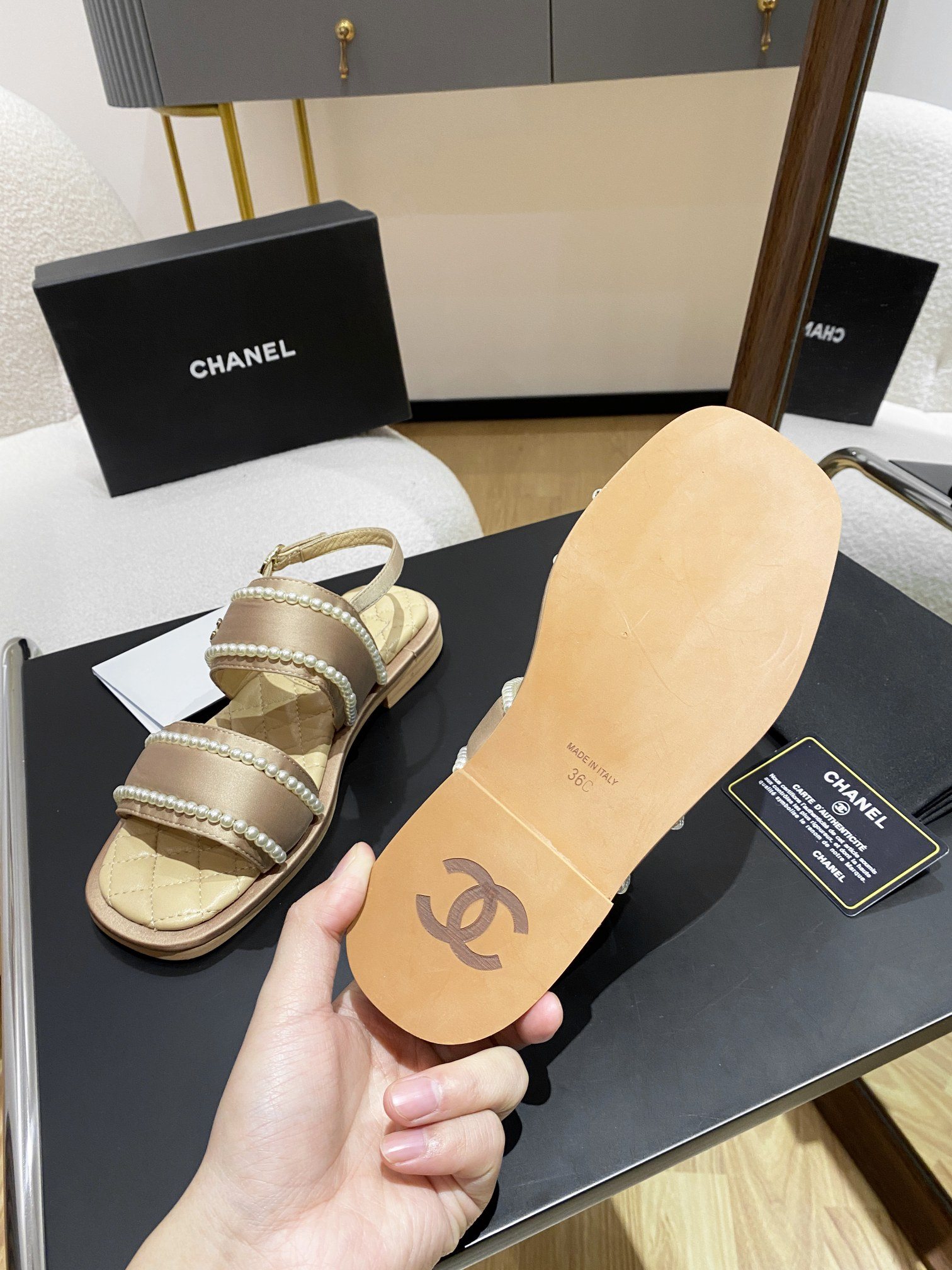 Ch**el Pearl Flat Sandals Brown For Women