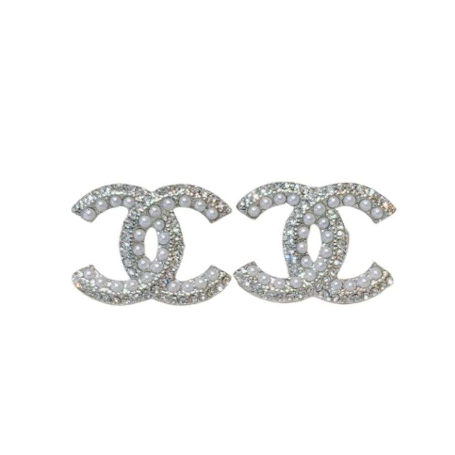 Ch**el Rhinestone Double C Earrings Silver For Women