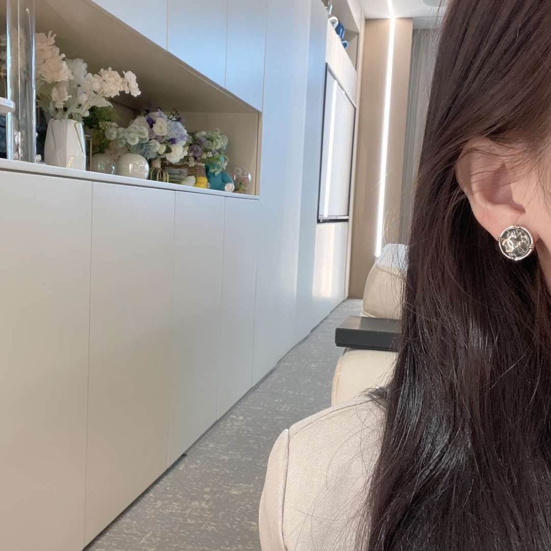 Ch**el Round Button Plastic Earrings Silver For Women