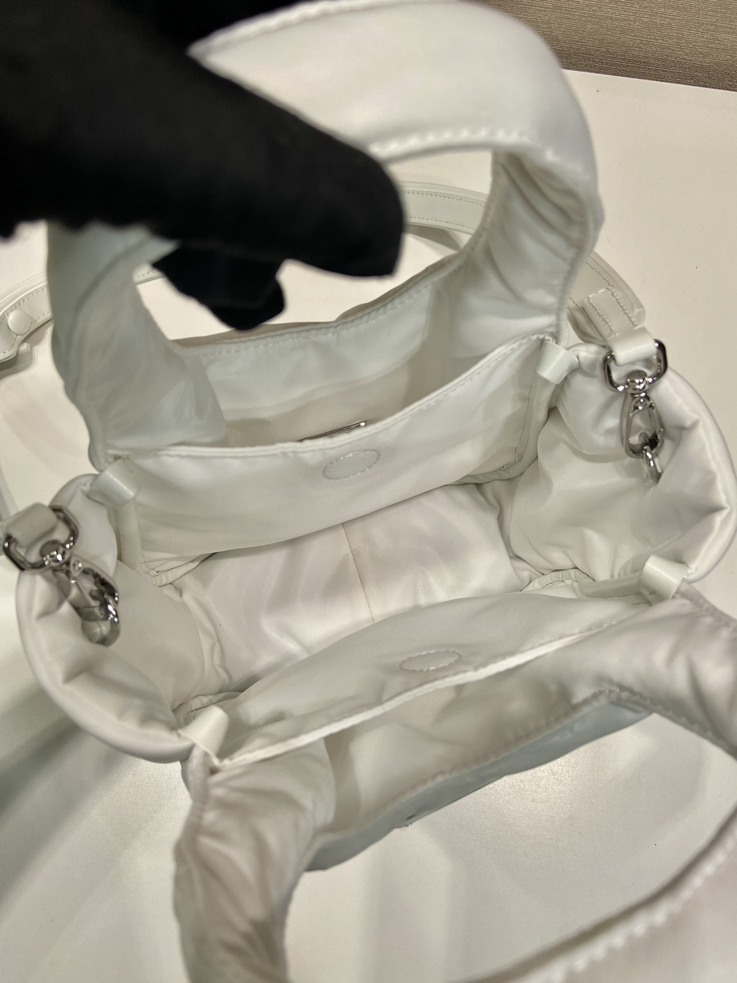 Pra*a Soft Padded Re-Nylon Mini-Bag White/Pink/Beige For Women 7.1in/18cm 1BA359_RCCJ_F0009_V_OVM