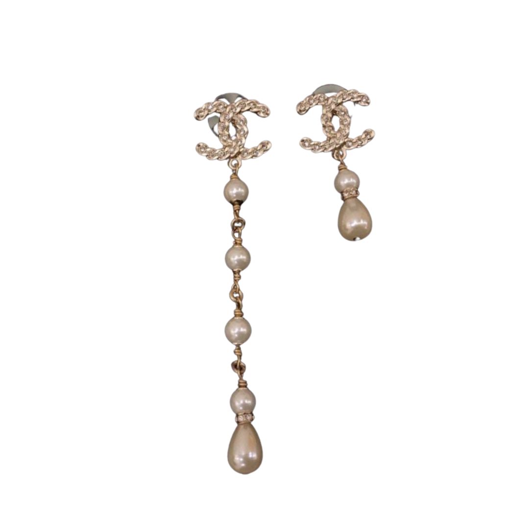 Ch**el CC Crystal Pearl Drop Earrings Gold For Women