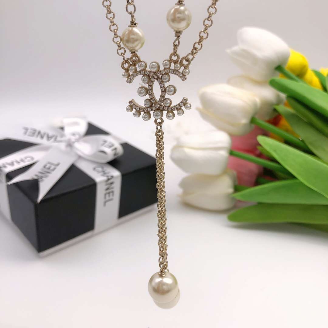 Ch**el Pearl Double C Rice Beads Large And Small Necklace Gold For Women