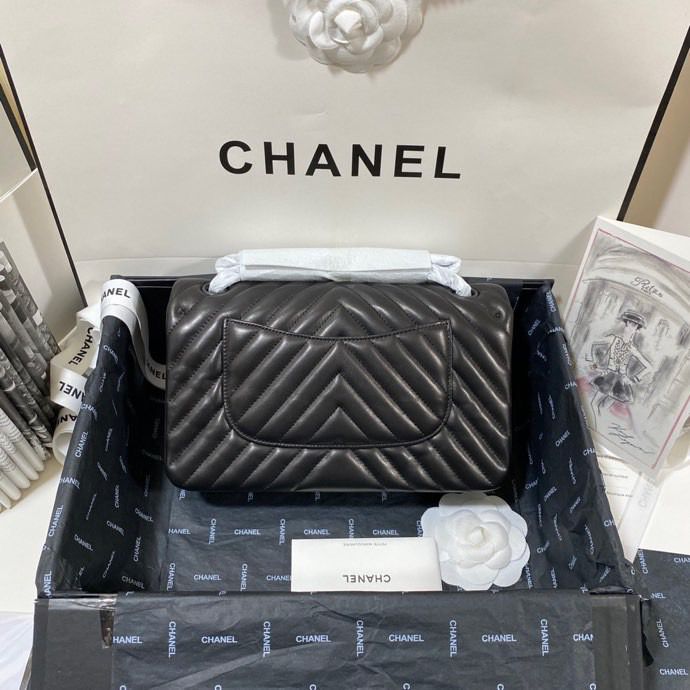 Ch**el Chevron Classic Handbag Black For Women 10.2in/26cm