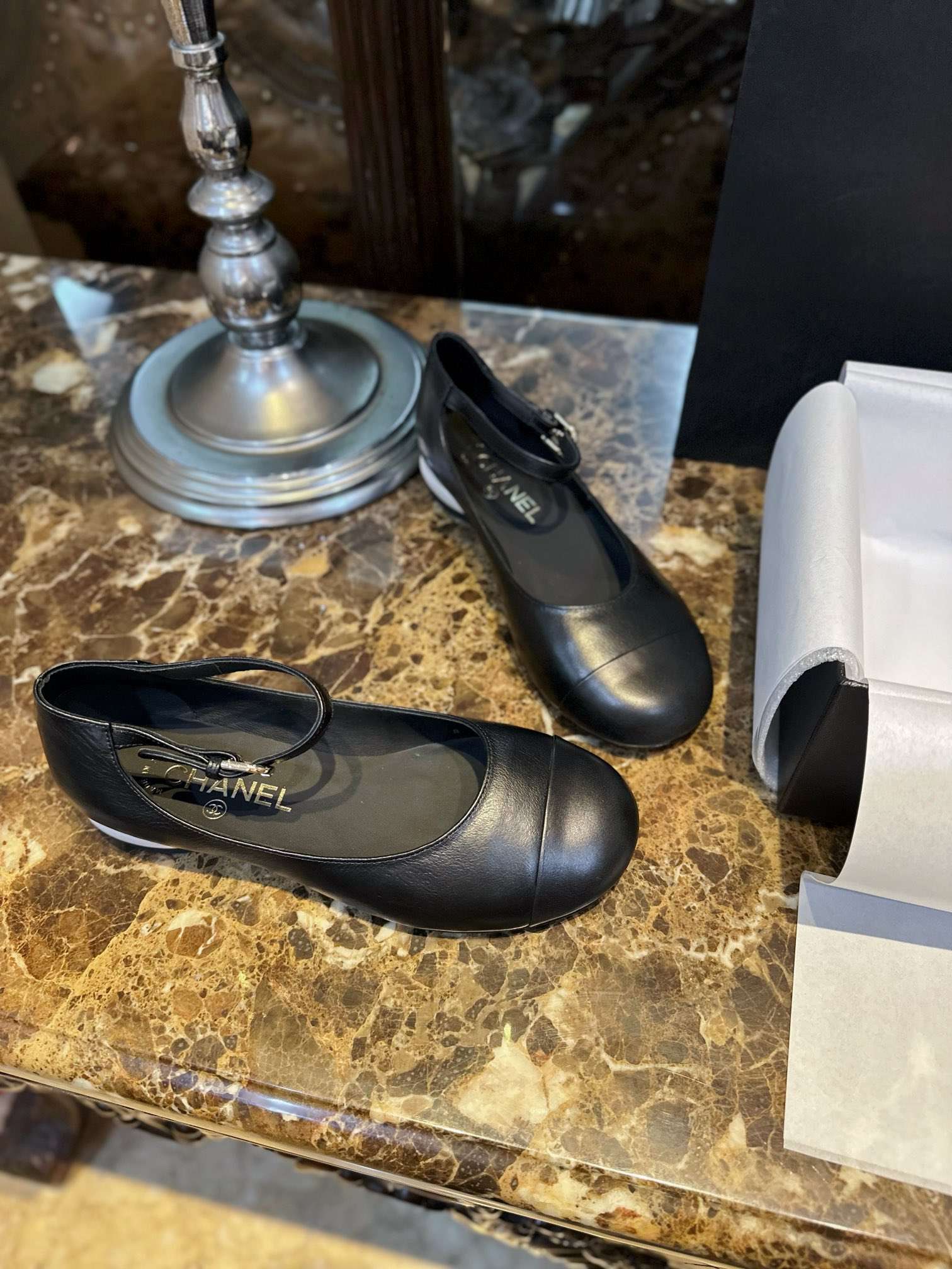 Ch**el Mary Jane Flats Pearl Black For Women