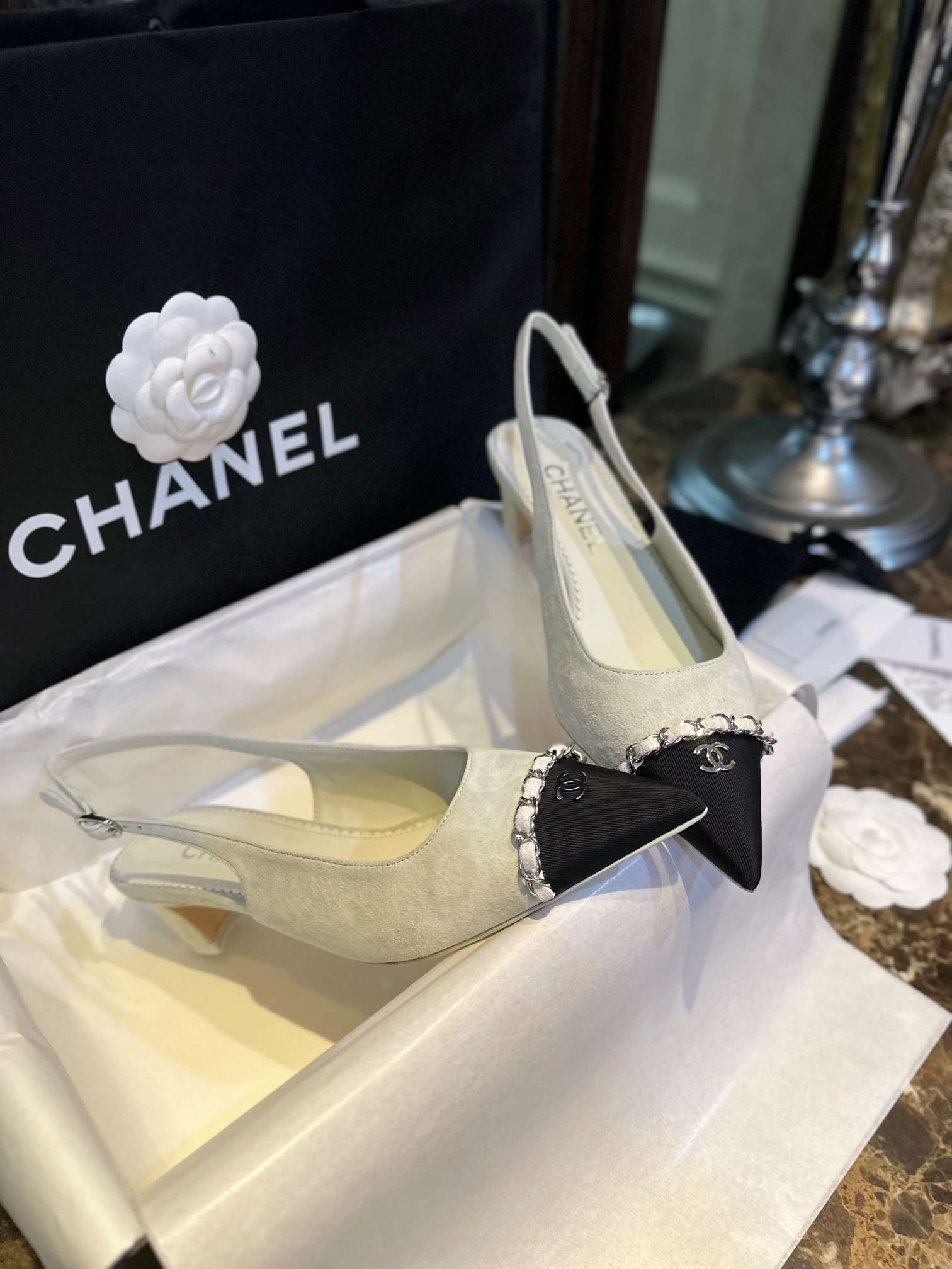 Ch**el Patent Slingback Pumps Light Grey For Women