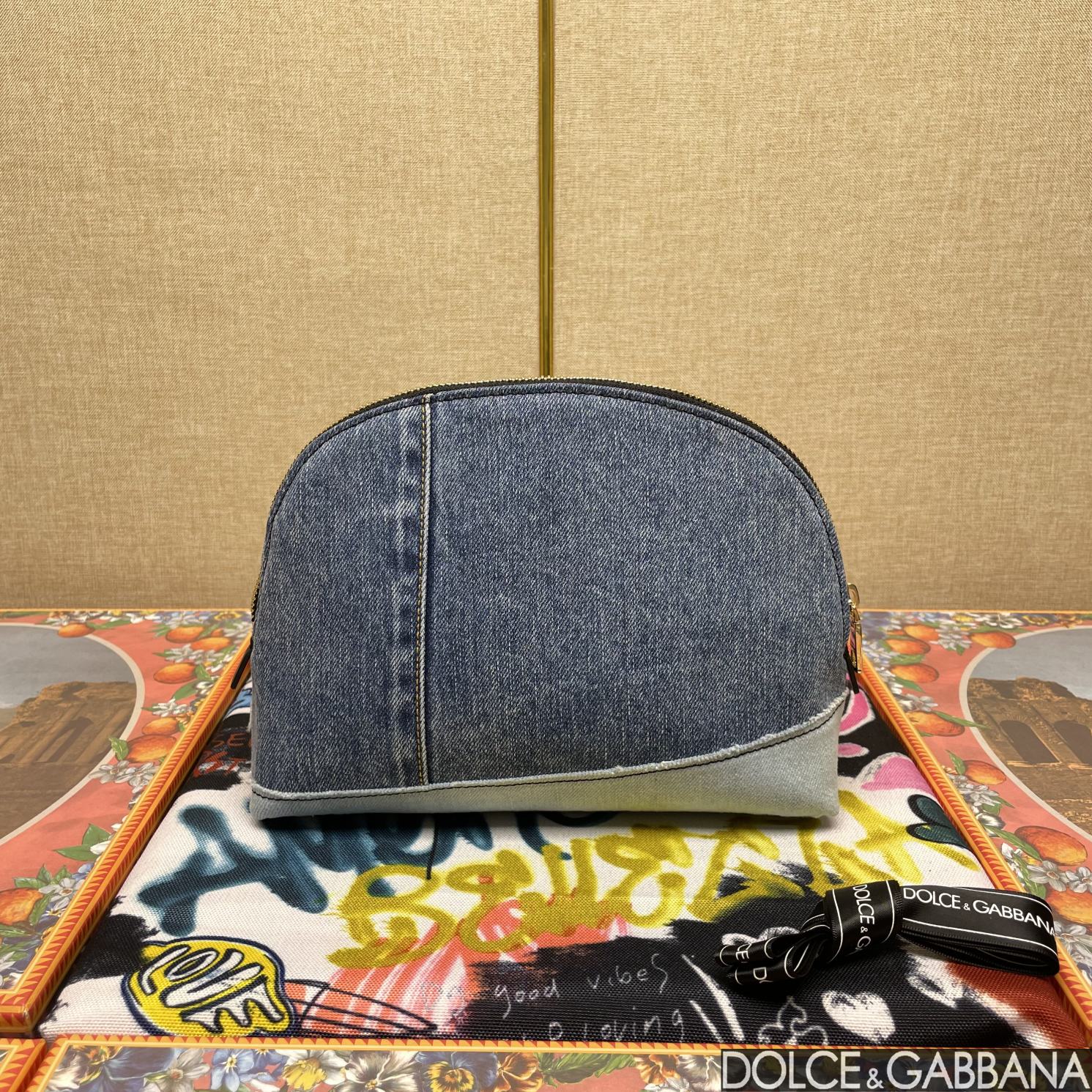 Dolce & Gabbana Patchwork Denim Make-Up Bag With Baroque Logo Grey For Women 9.4in/24cm