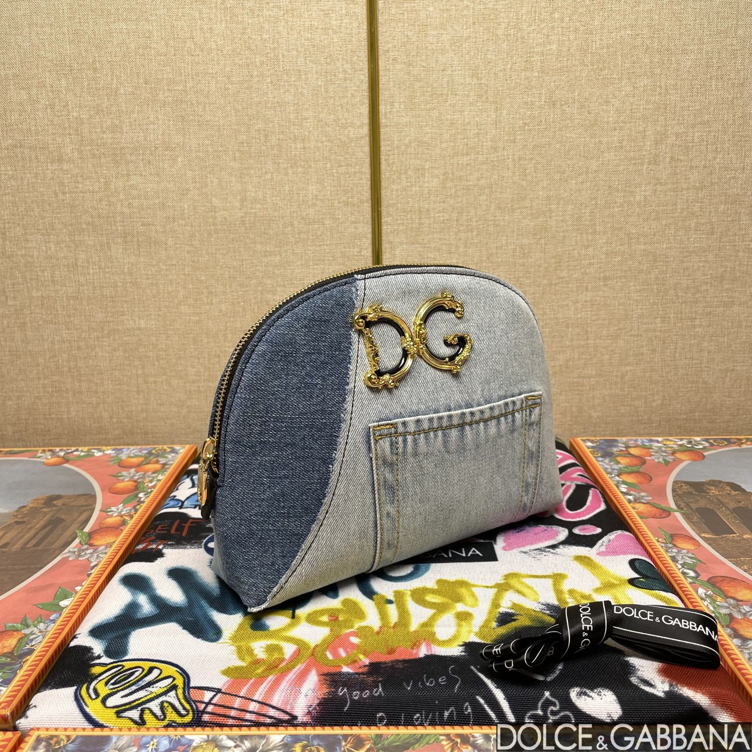 Dolce & Gabbana Patchwork Denim Make-Up Bag With Baroque Logo Grey For Women 9.4in/24cm