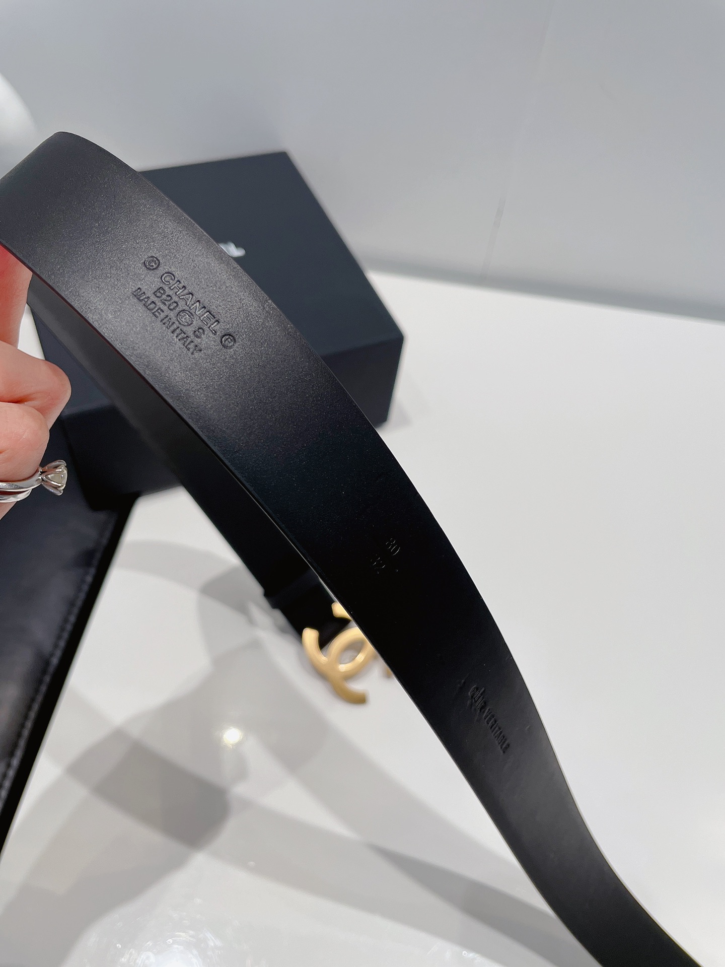 Ch**el Gold Tone Interlocking C Buckle Belt Black For Women