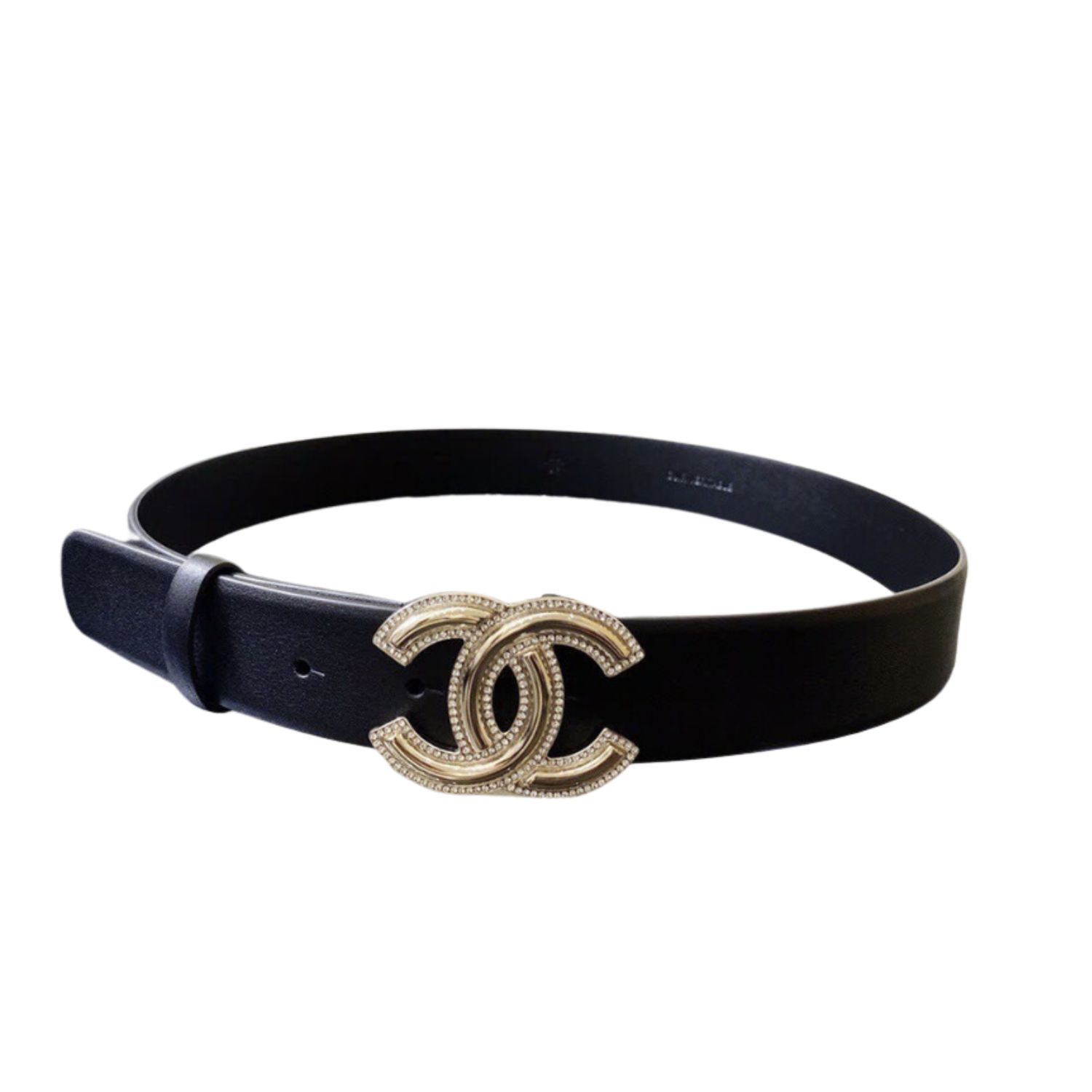 Ch**el Mini Stone Interlocking C Buckle Belt Black For Women