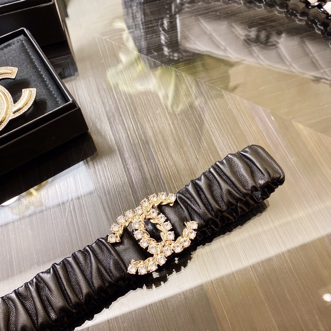 Ch**el Twinkle Stone Interlocking C Buckle Belt Black For Women