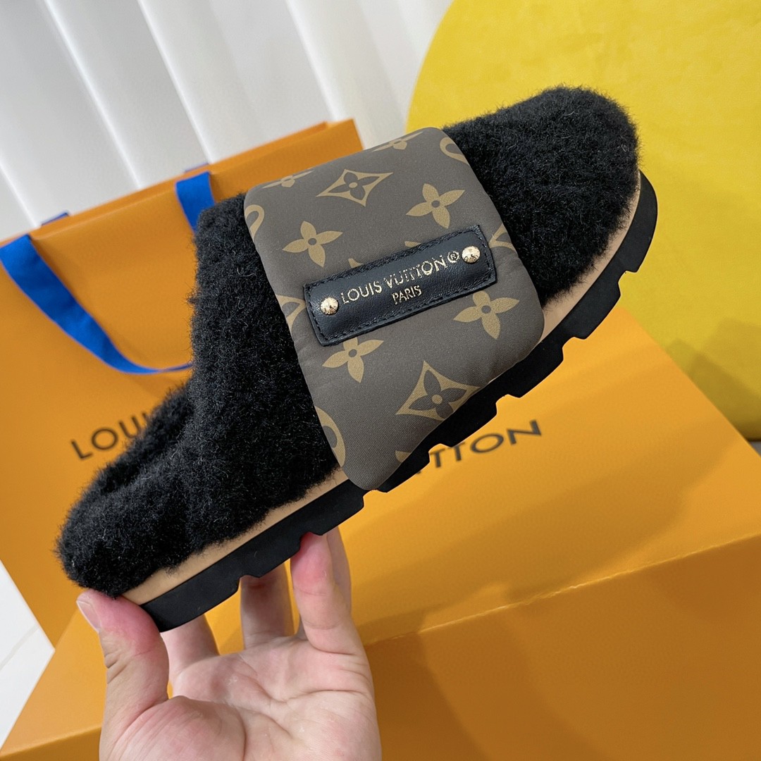 L0vis Vvtt0n Slipper Pillow Flat Comfort Mule Black For Women