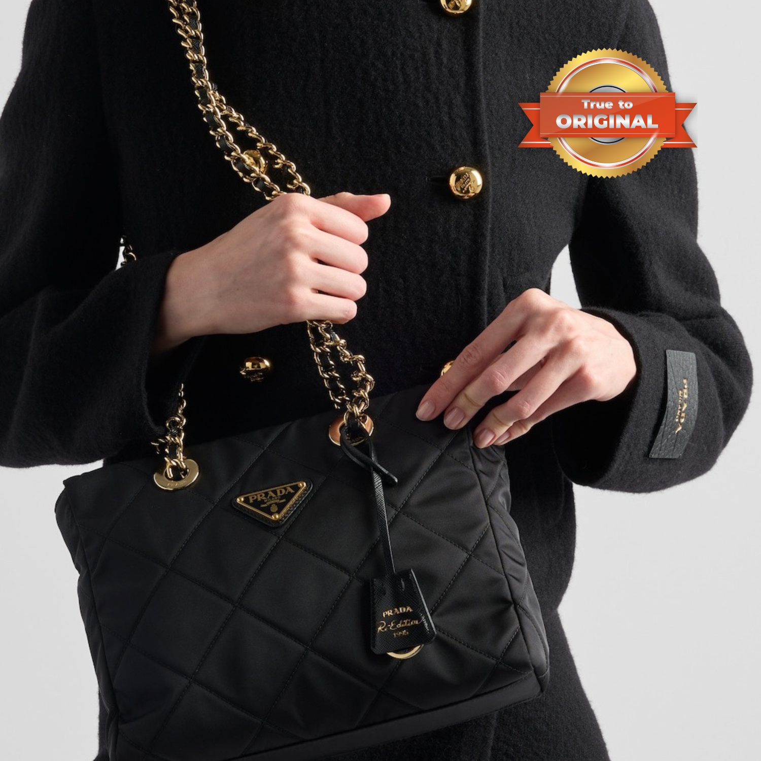 [True-to-ORIGINAL] Pra*a Re-Edition 1995 Chaîne Re-Nylon Tote Bag Black For Women 25cm/9.8in 1BG468_2AOS_F0002_V_COO