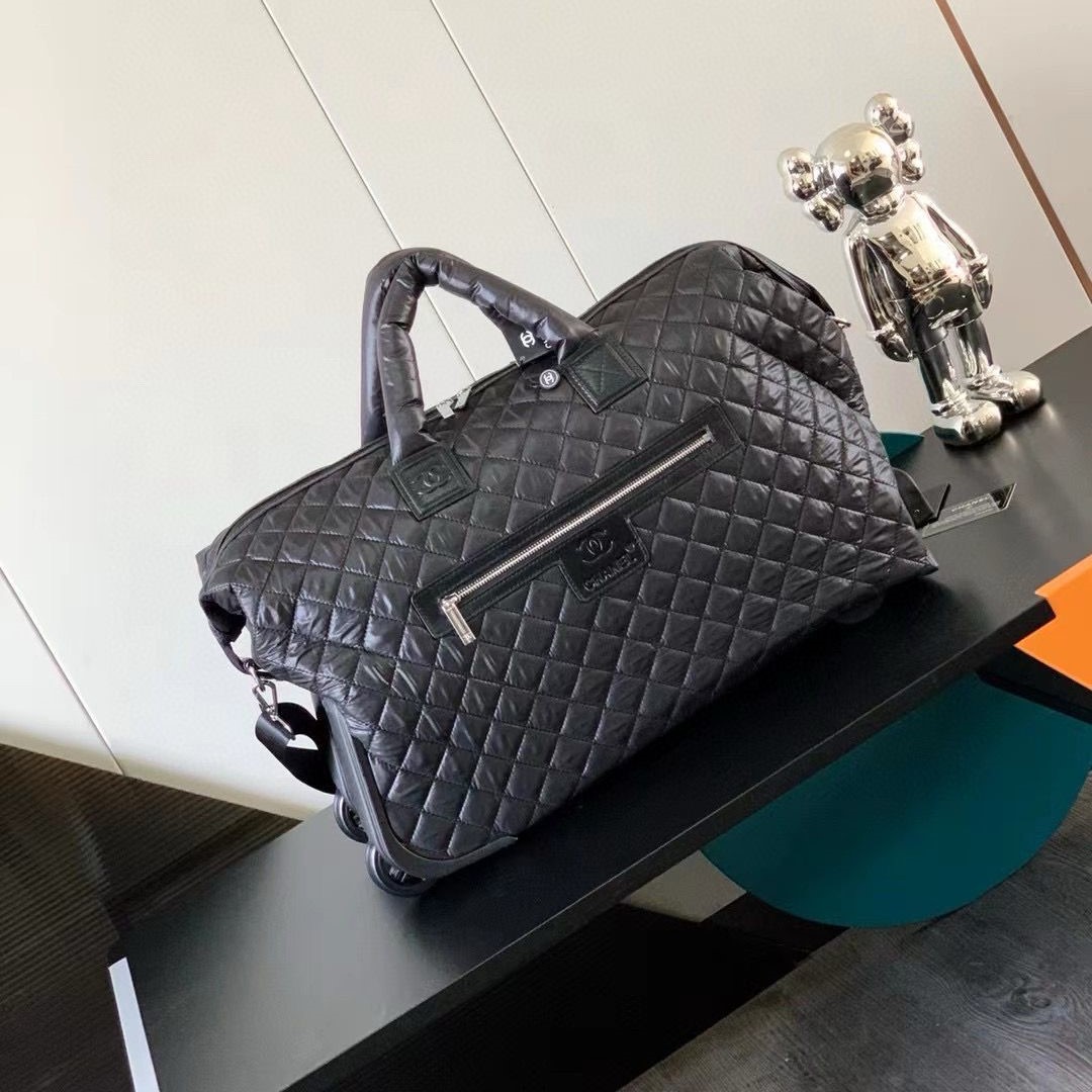 Ch**el Quilted Rolling Duffle Bag Black 20.9in/53cm