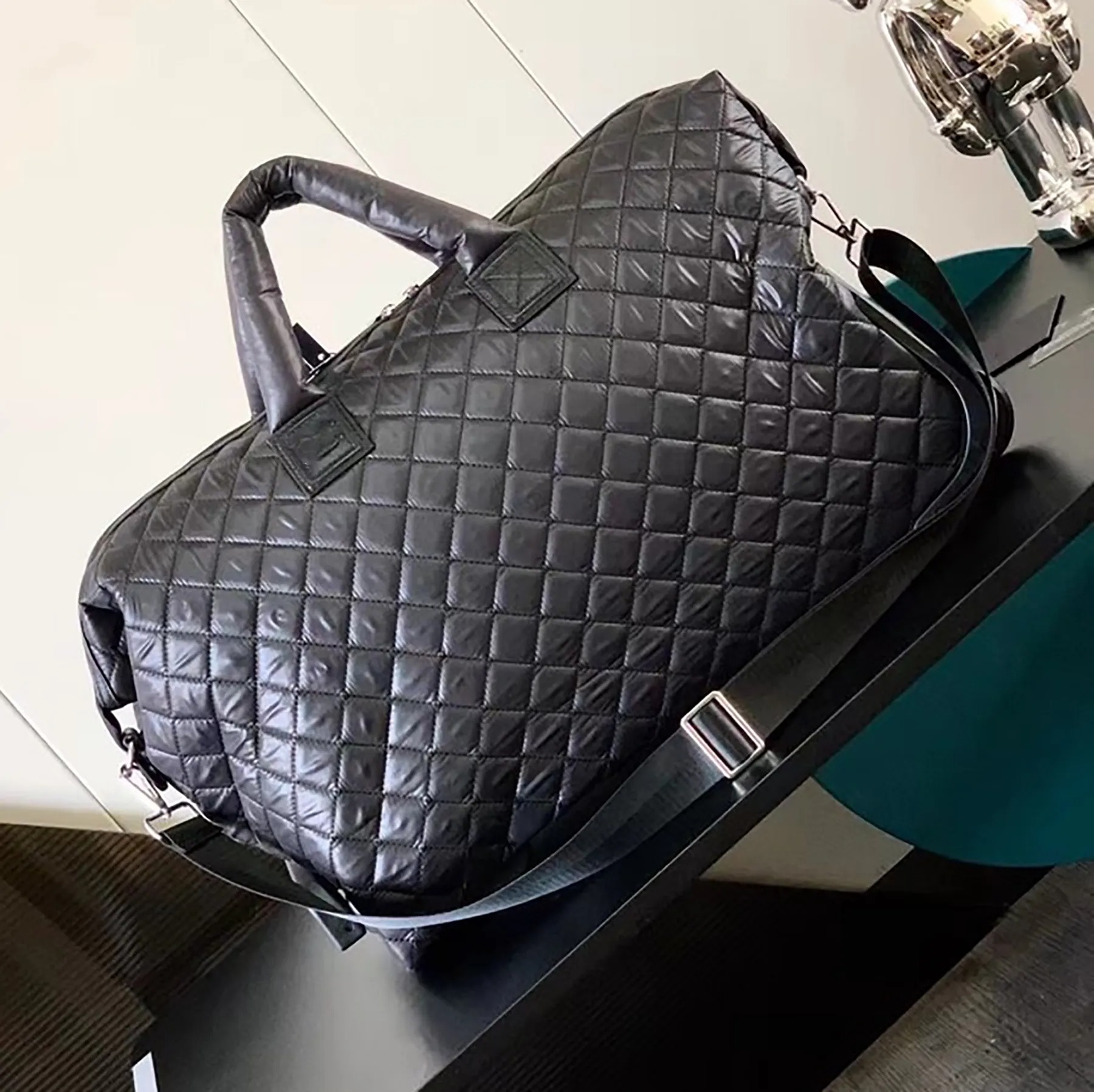 Ch**el Quilted Rolling Duffle Bag Black 20.9in/53cm