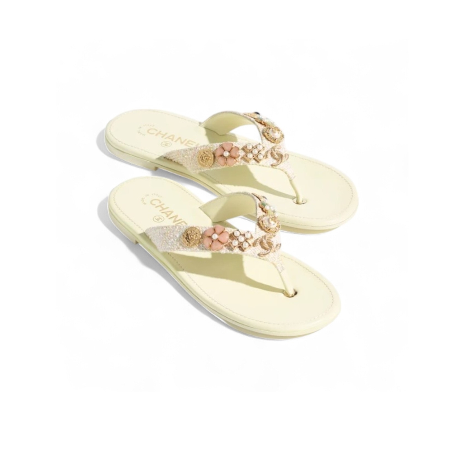 Ch**el Tweed Thongs Light Yellow For Women G46304-B19715-NAEPP