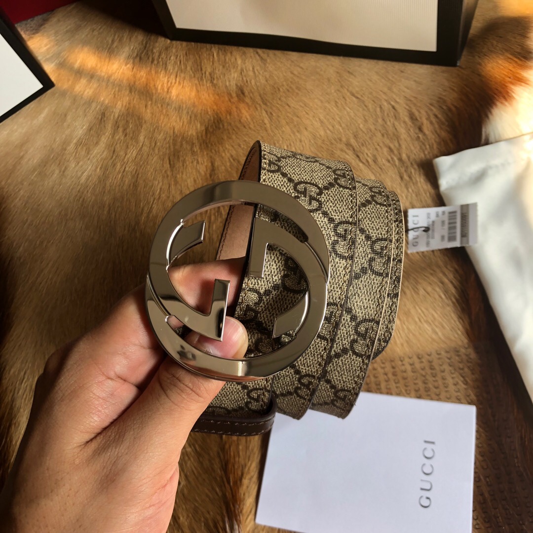 Gvc*1 GG Belt 38mm With Interlocking G Buckle Beige/Ebony For Men 411924 KGDHN 9643