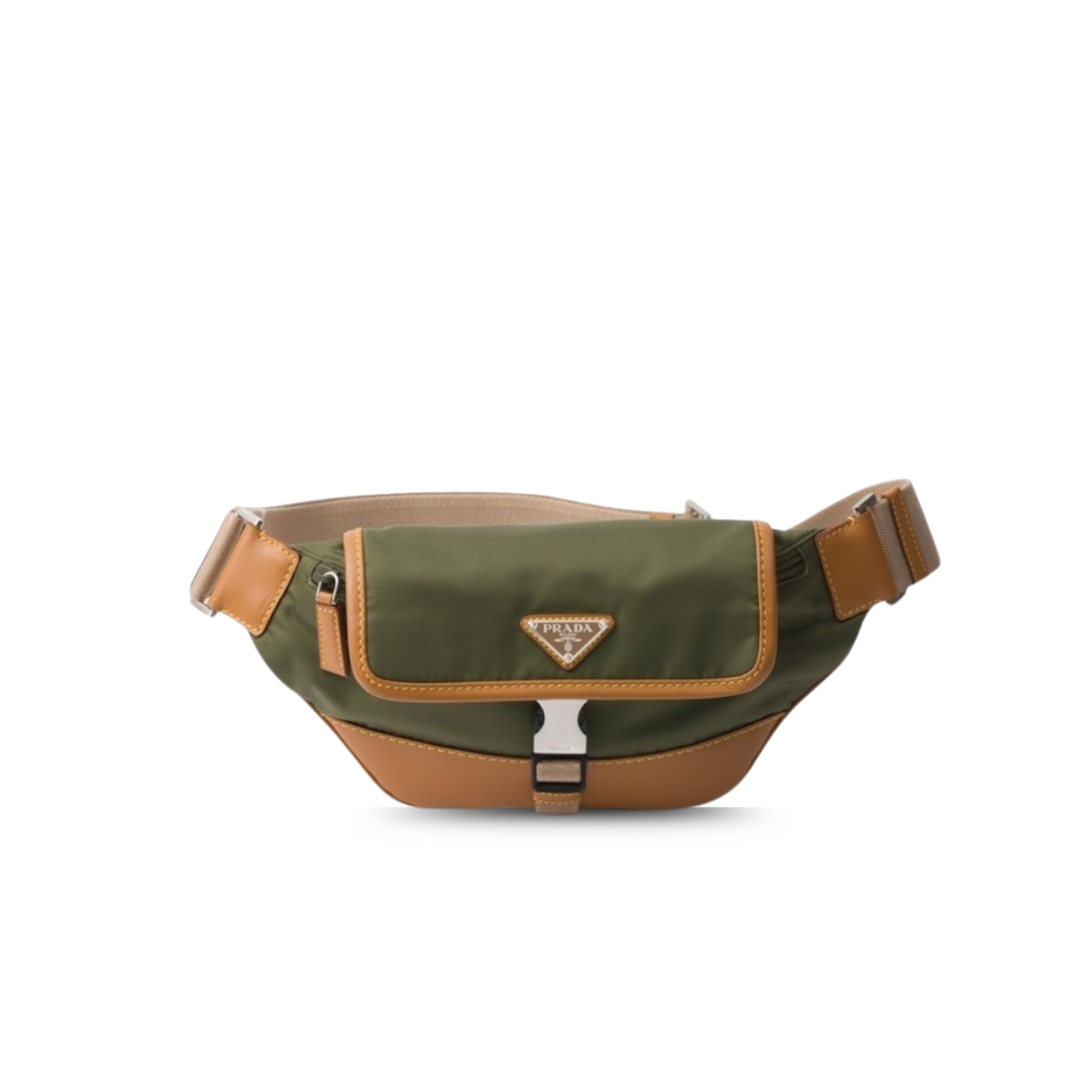Pra*a Re-Nylon And Leather Shoulder Bag Military/Caramel For Men 7.1in/18cm 2VH176_2CX2_F03UQ_V_OOO