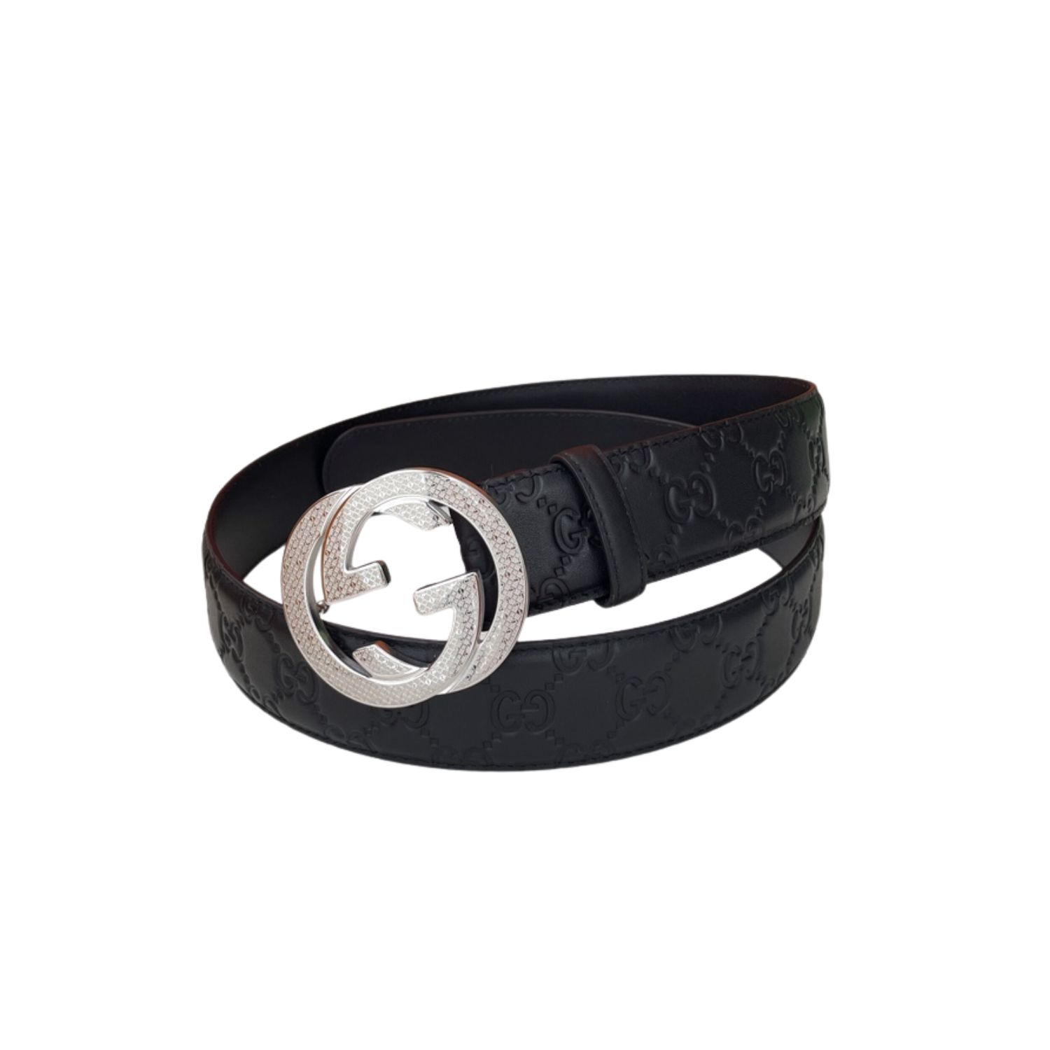 Gvc*1 Iconic GG Buckle Belt Embossed Black With Silver Bling Buckle 40mm