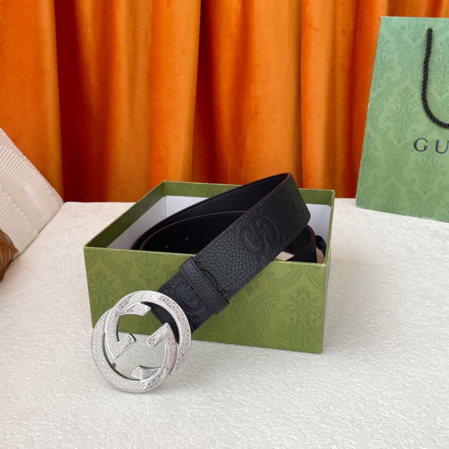 Gvc*1 GG Pebbled Monogram Belt Black With Silver Crystal Buckle 40mm