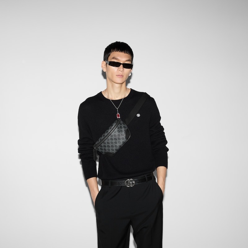 [True-to-ORIGINAL] Gvc*1 GG Emblem Small Belt Bag Black For Men 23cm/9.1in 821165 FAED9 1000