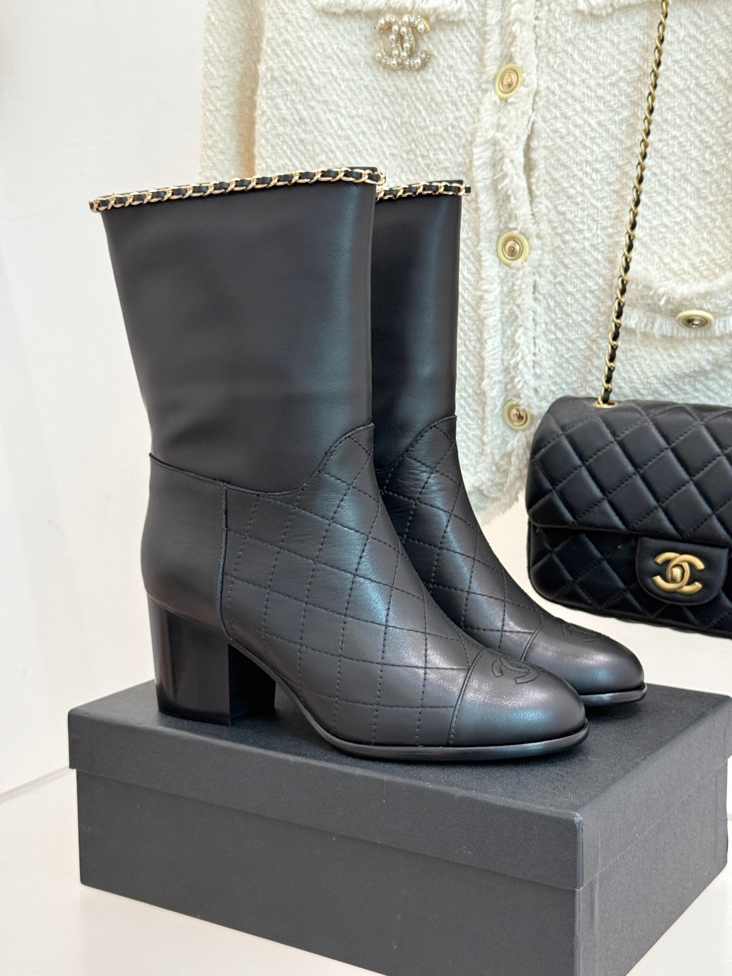 Ch**el Double C Chunky Heel Boots With Chain Detail Black For Women