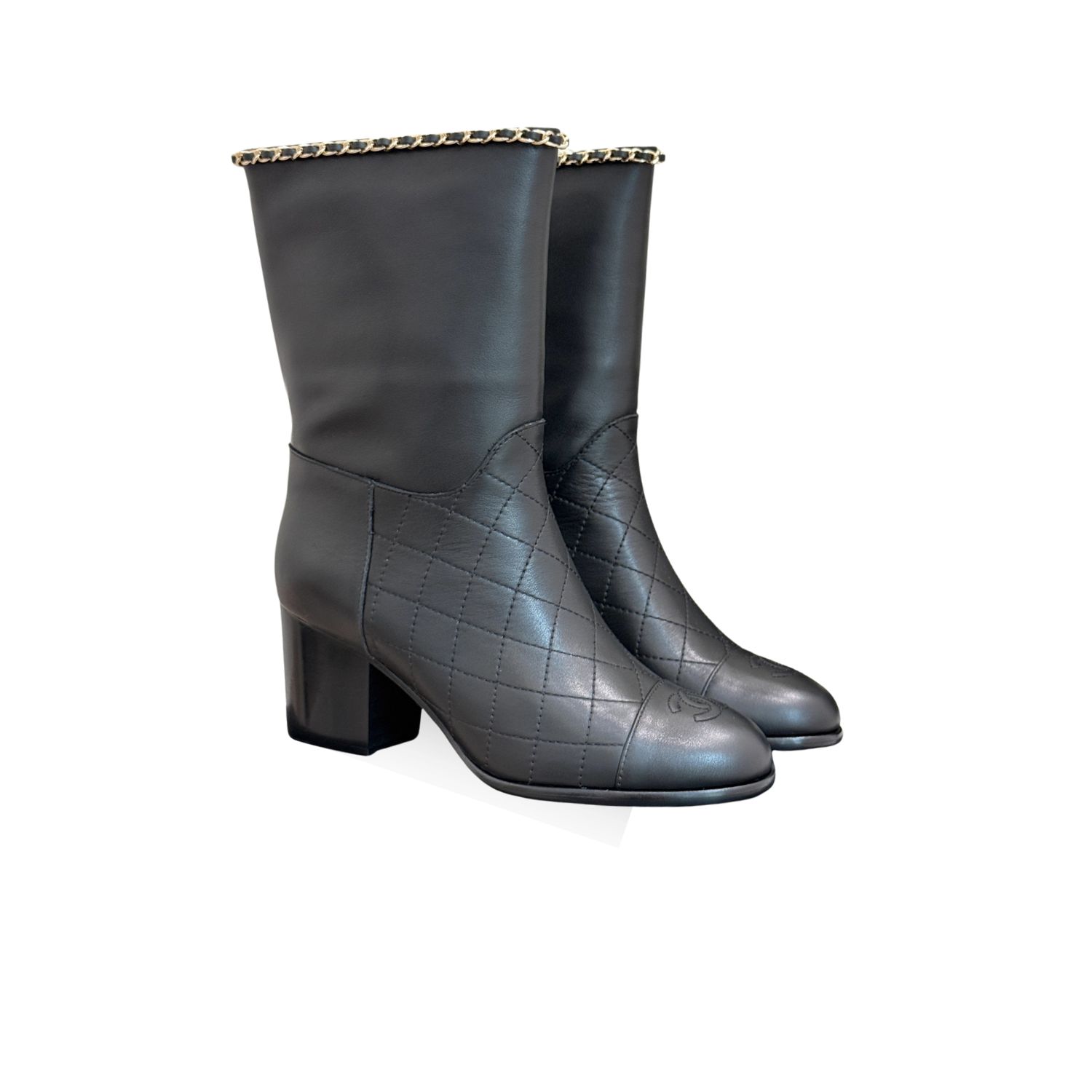 Ch**el Double C Chunky Heel Boots With Chain Detail Black For Women