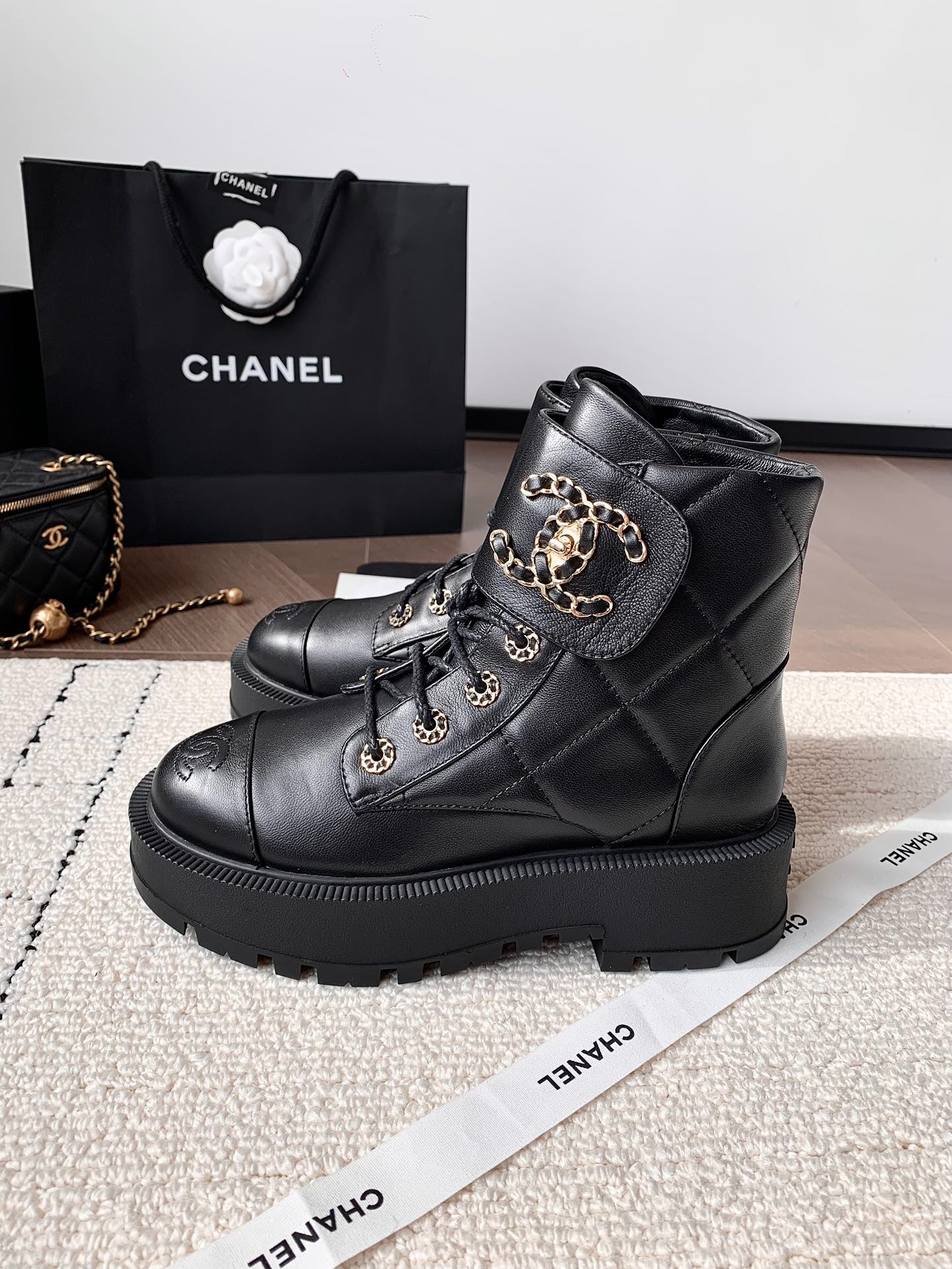 Ch**el Quilted Platform Ankle Boots Black For Women