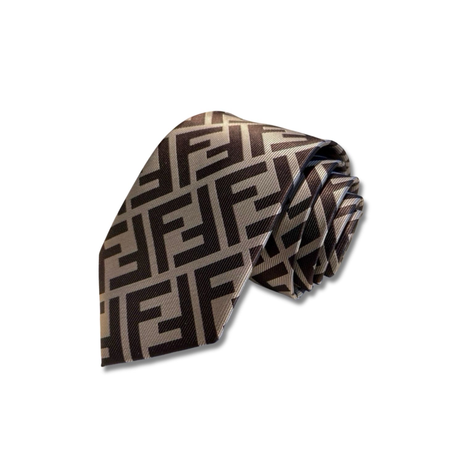 F**di FF Logo Silk Tie in Beige And Dark Brown For Men