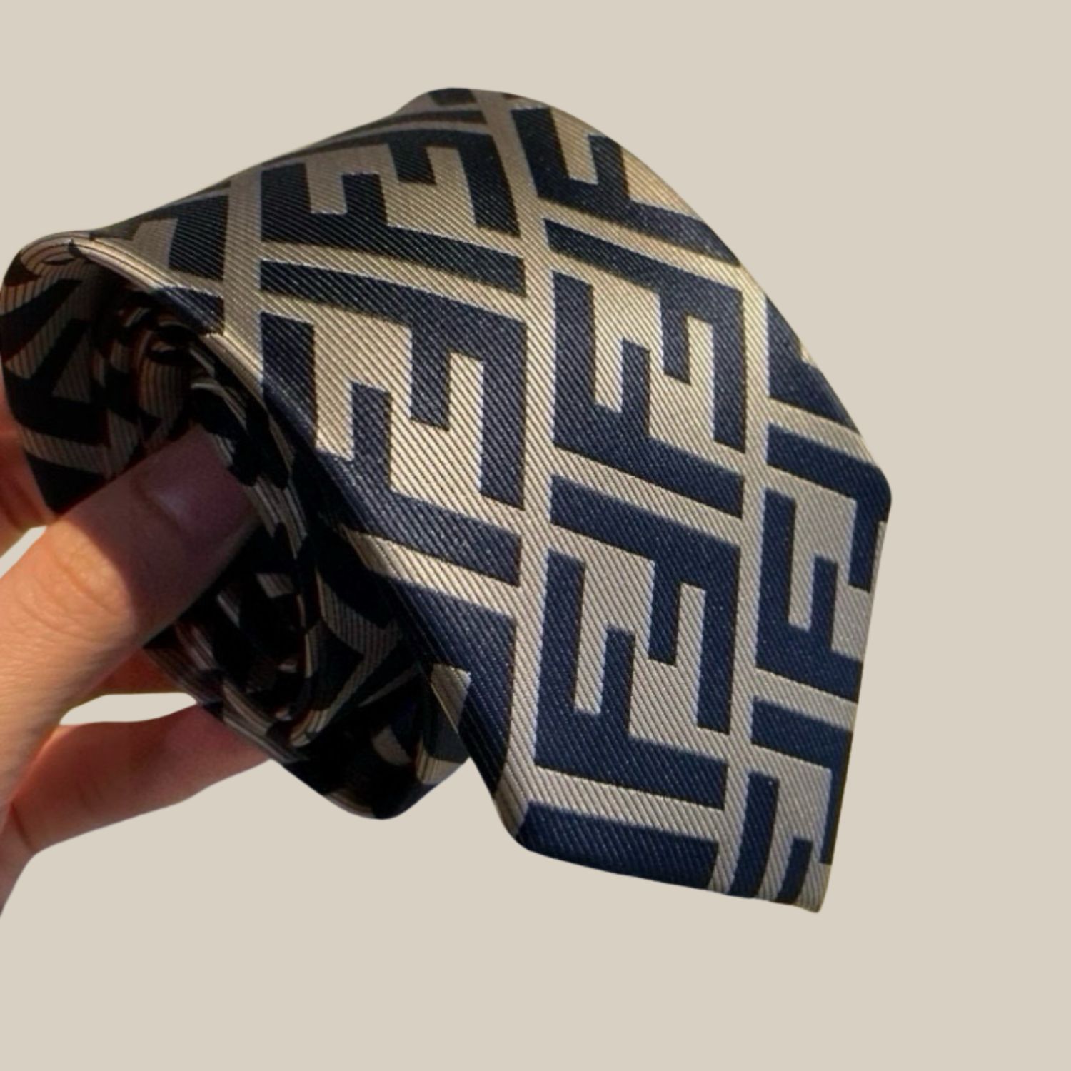 F**di FF Logo Silk Tie in Navy and Beige For Men